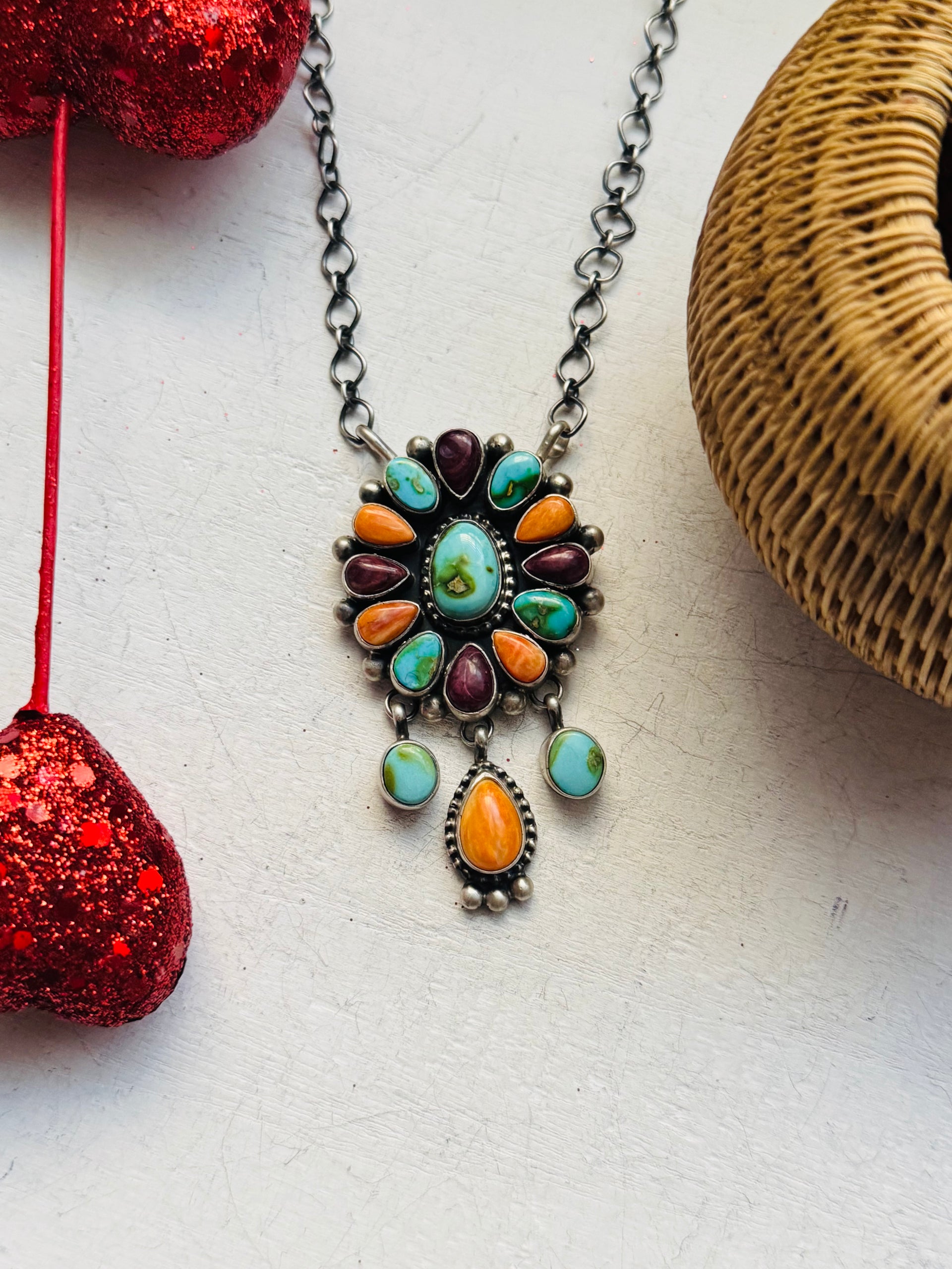 Navajo Made Multi Stone & Sterling Silver Necklace