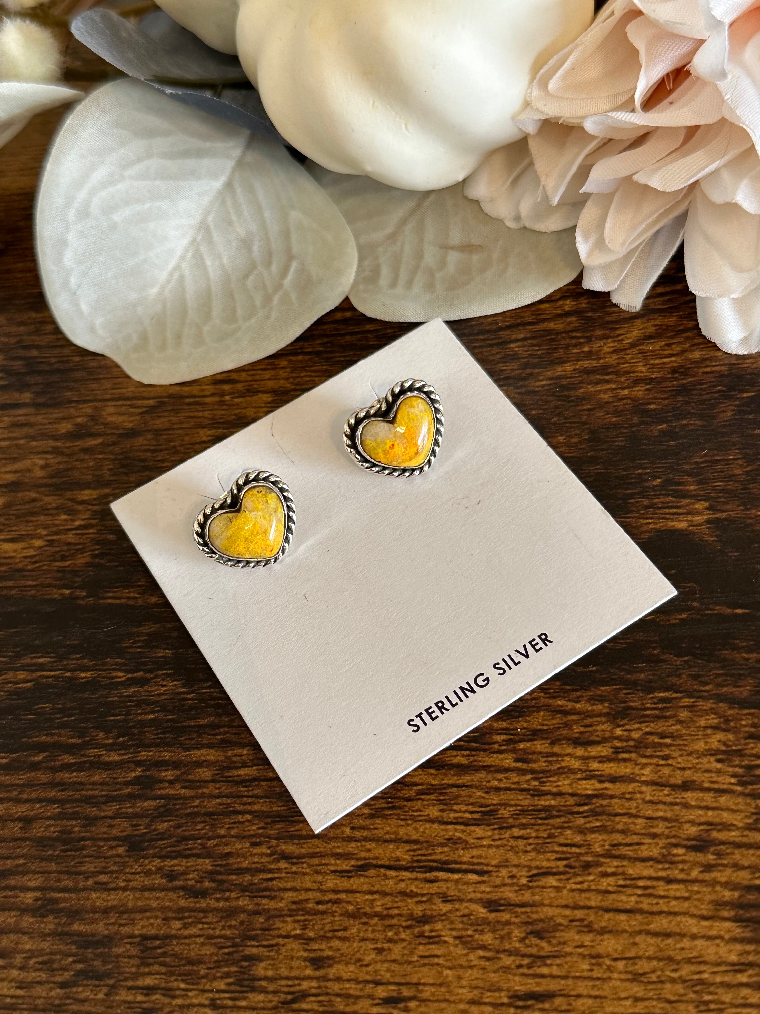 Southwest Handmade Bumblebee Jasper & Sterling Silver Post Heart Earrings