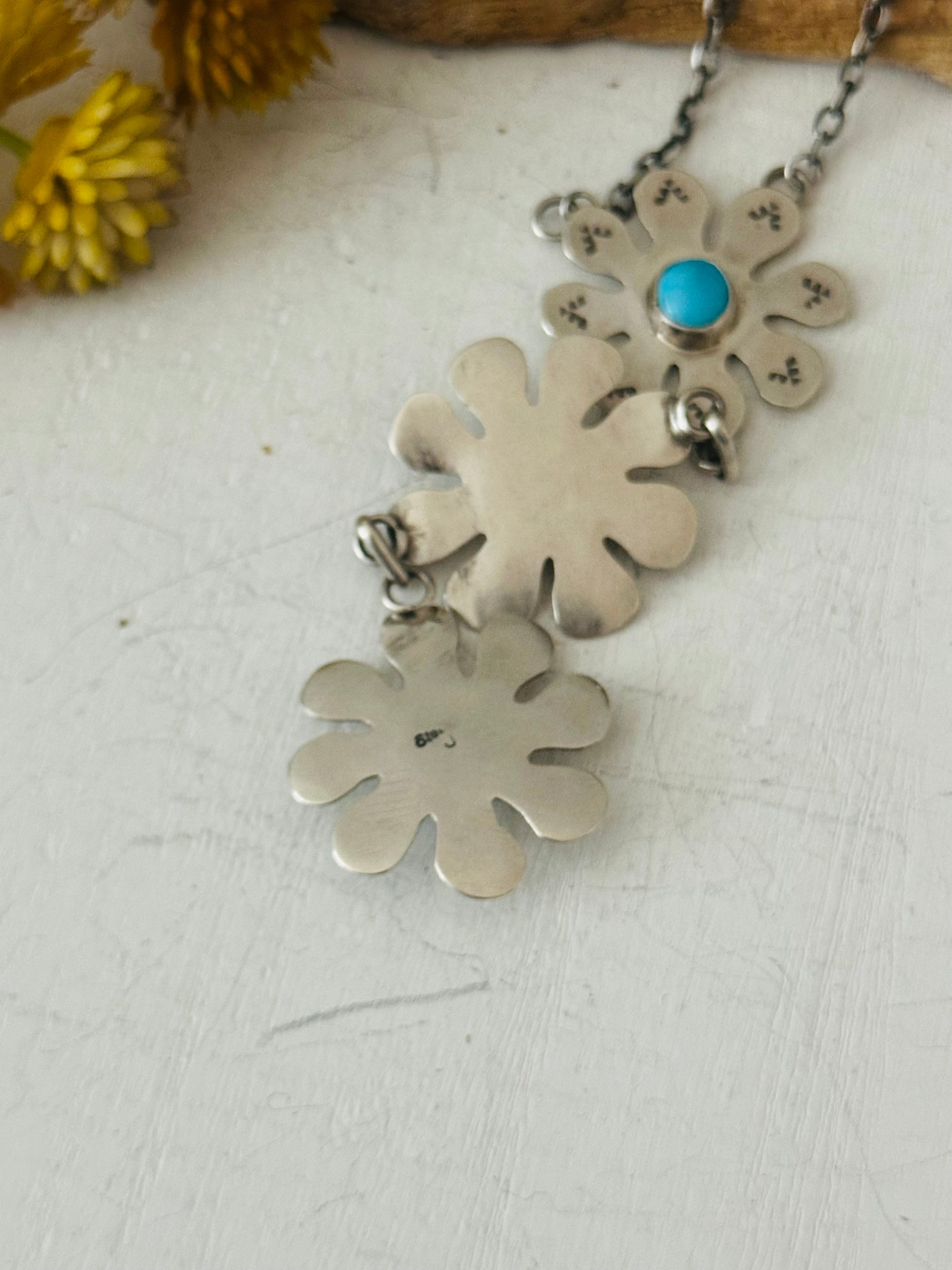 Navajo Made Kingman Turquoise & Sterling Silver Flower Necklace