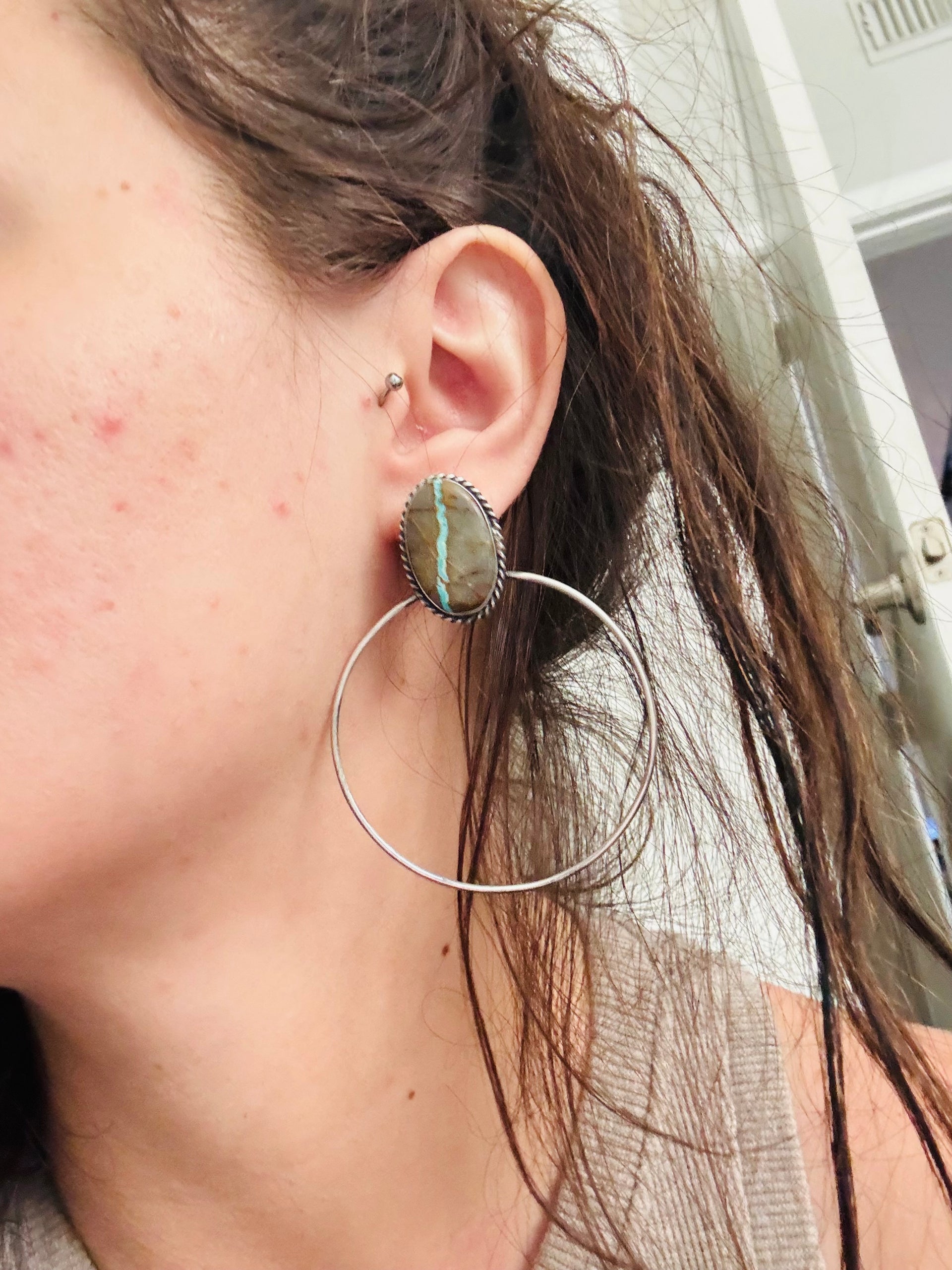 Elouise Kee Ribbon Royston & Sterling Silver Post Dangle Hoop Earrings