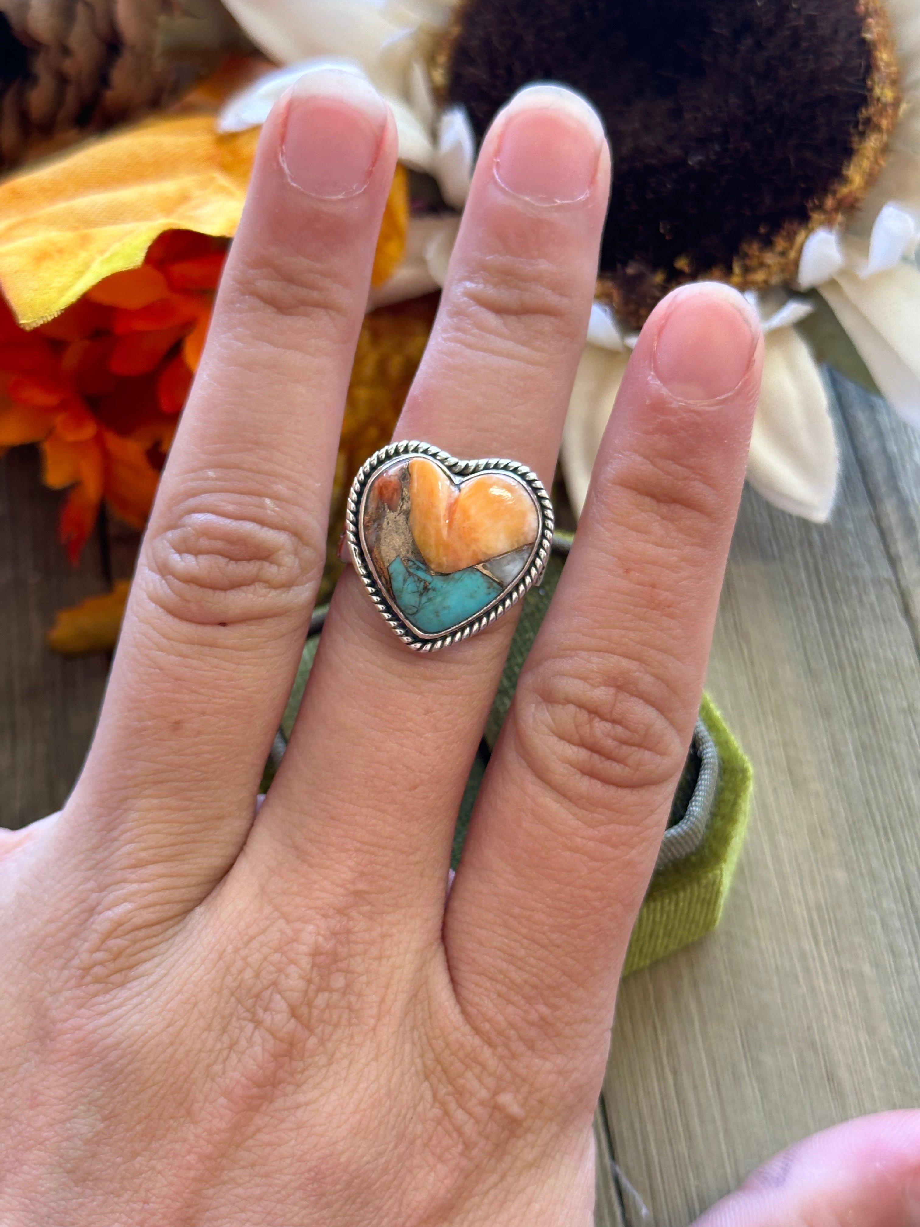 Southwest Handmade Mohave Turquoise & Sterling Silver Adjustable Heart Ring