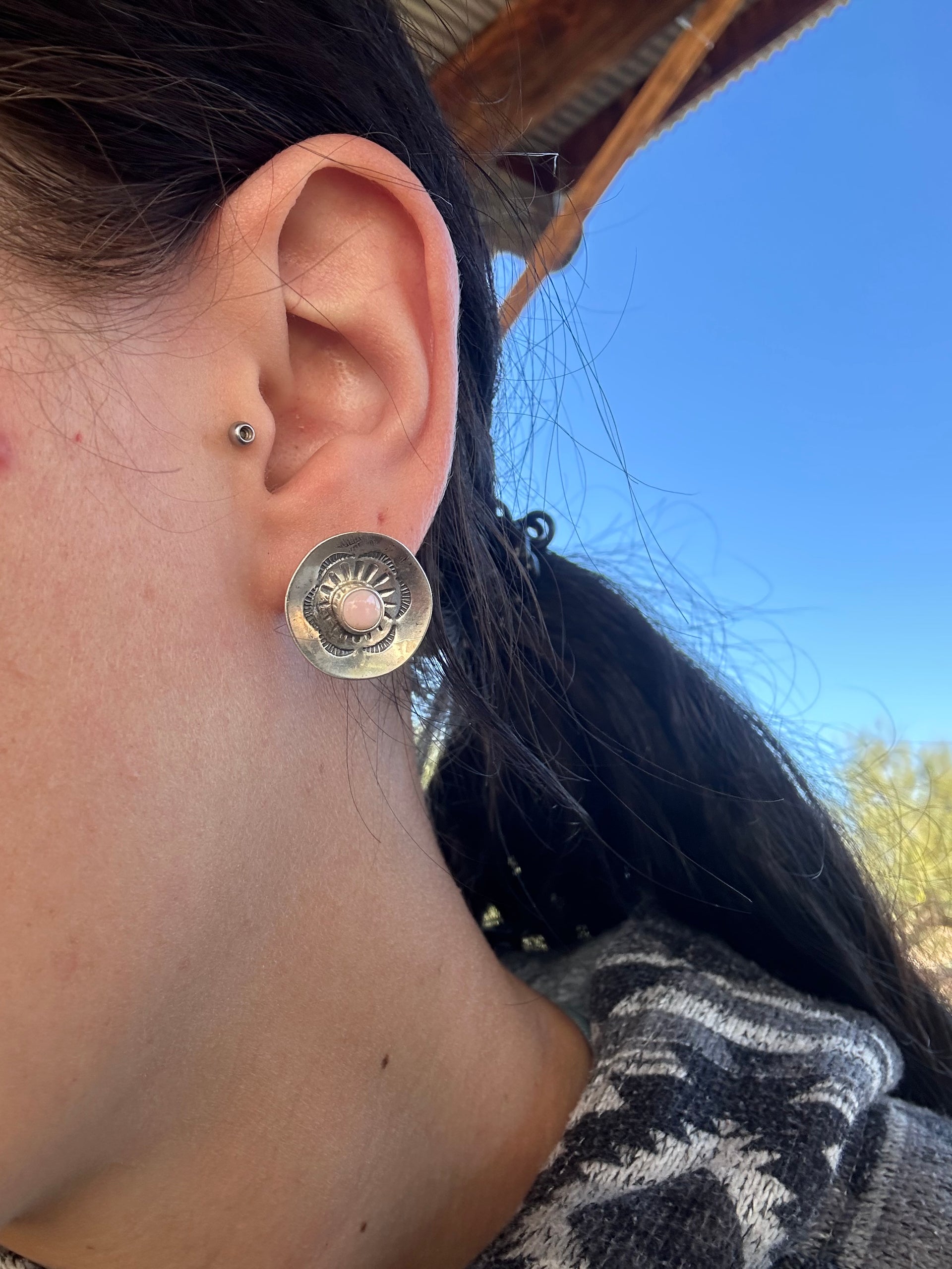 Navajo Made Pink Conch  & Sterling Silver Post Earrings
