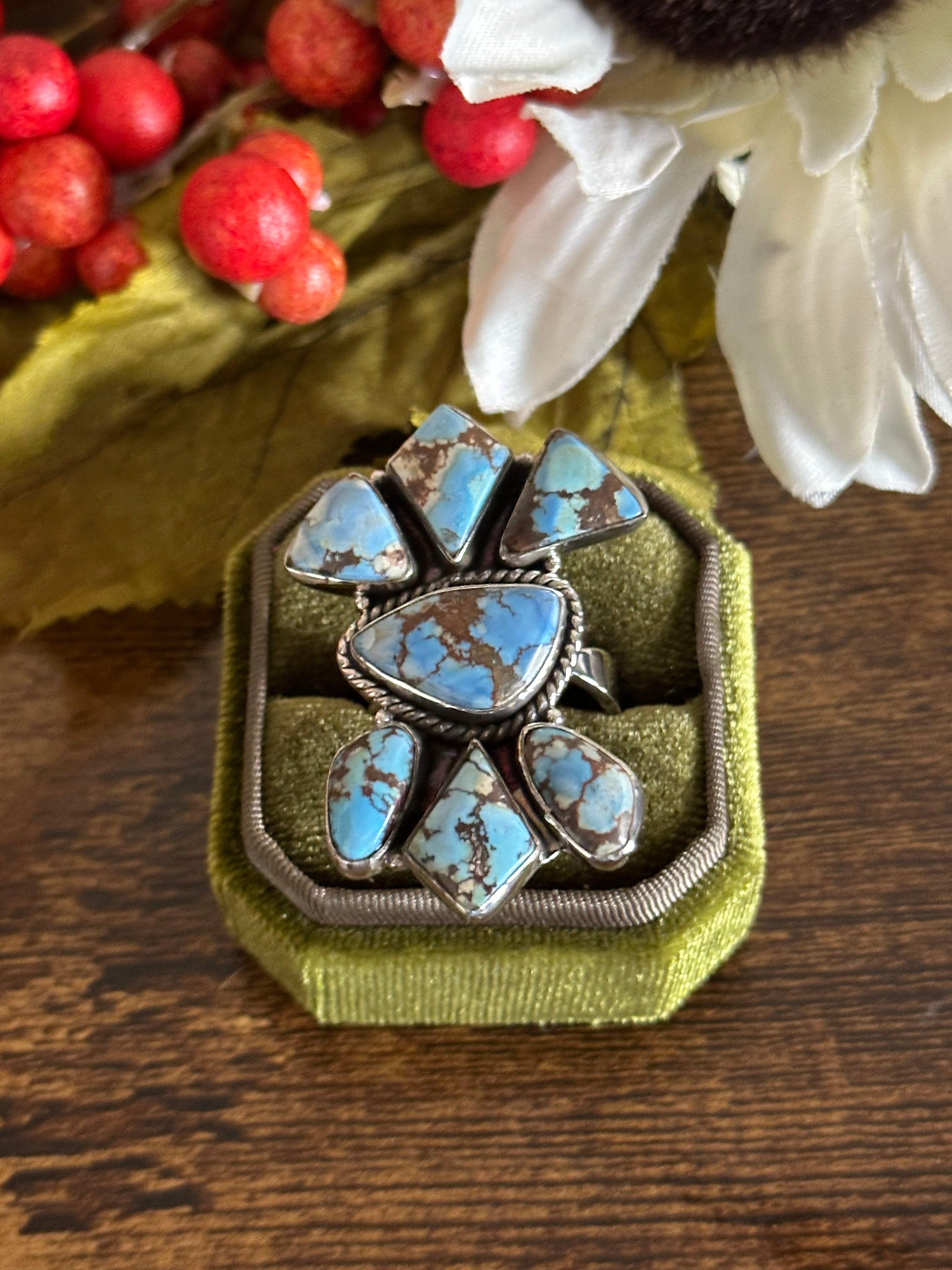 Southwest Handmade Golden Hill’s Turquoise & Sterling Silver Adjustable Cluster Ring