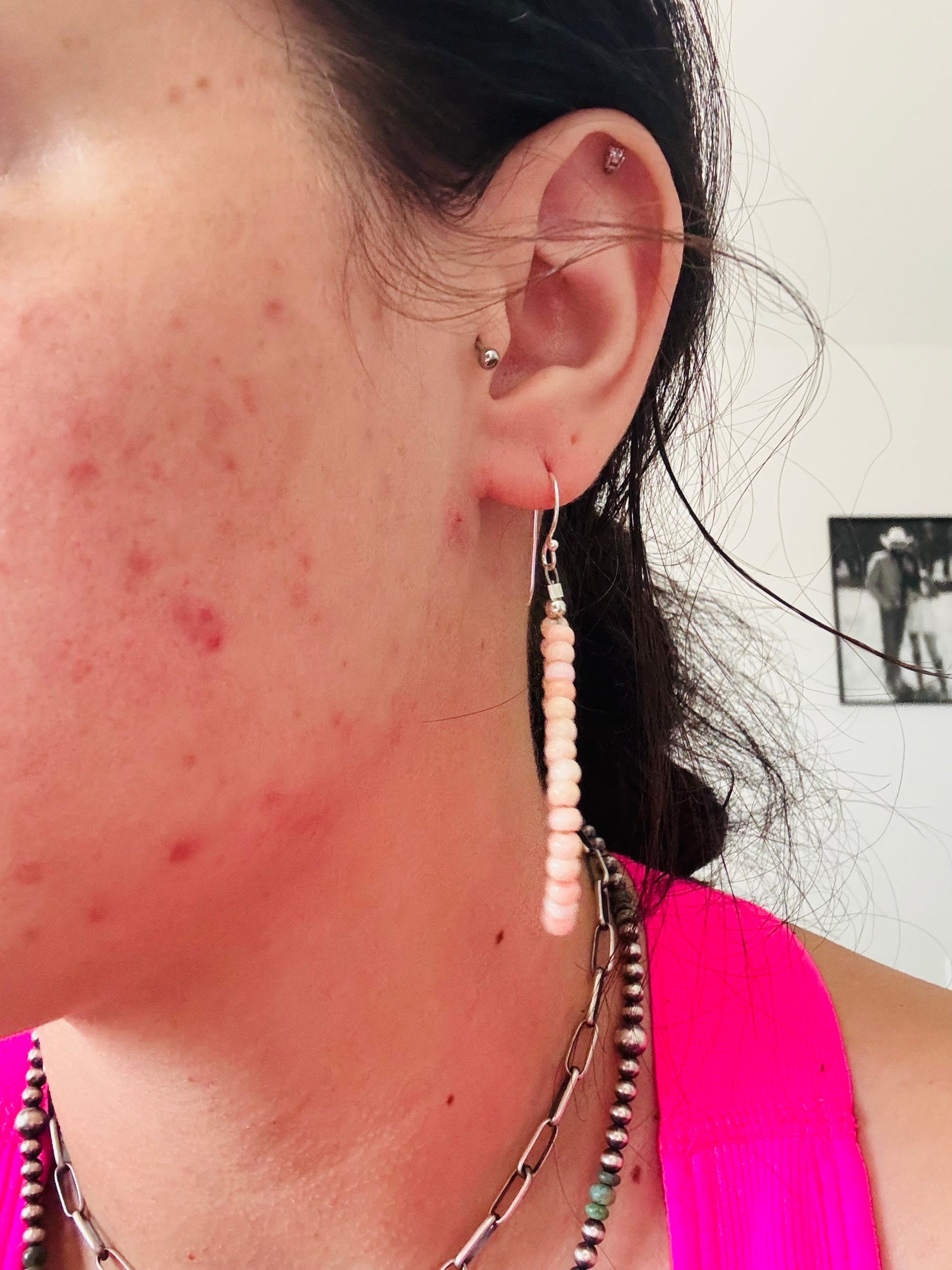 Southwest Strung Pink Conch & Sterling Silver Beaded Dangle Earrings