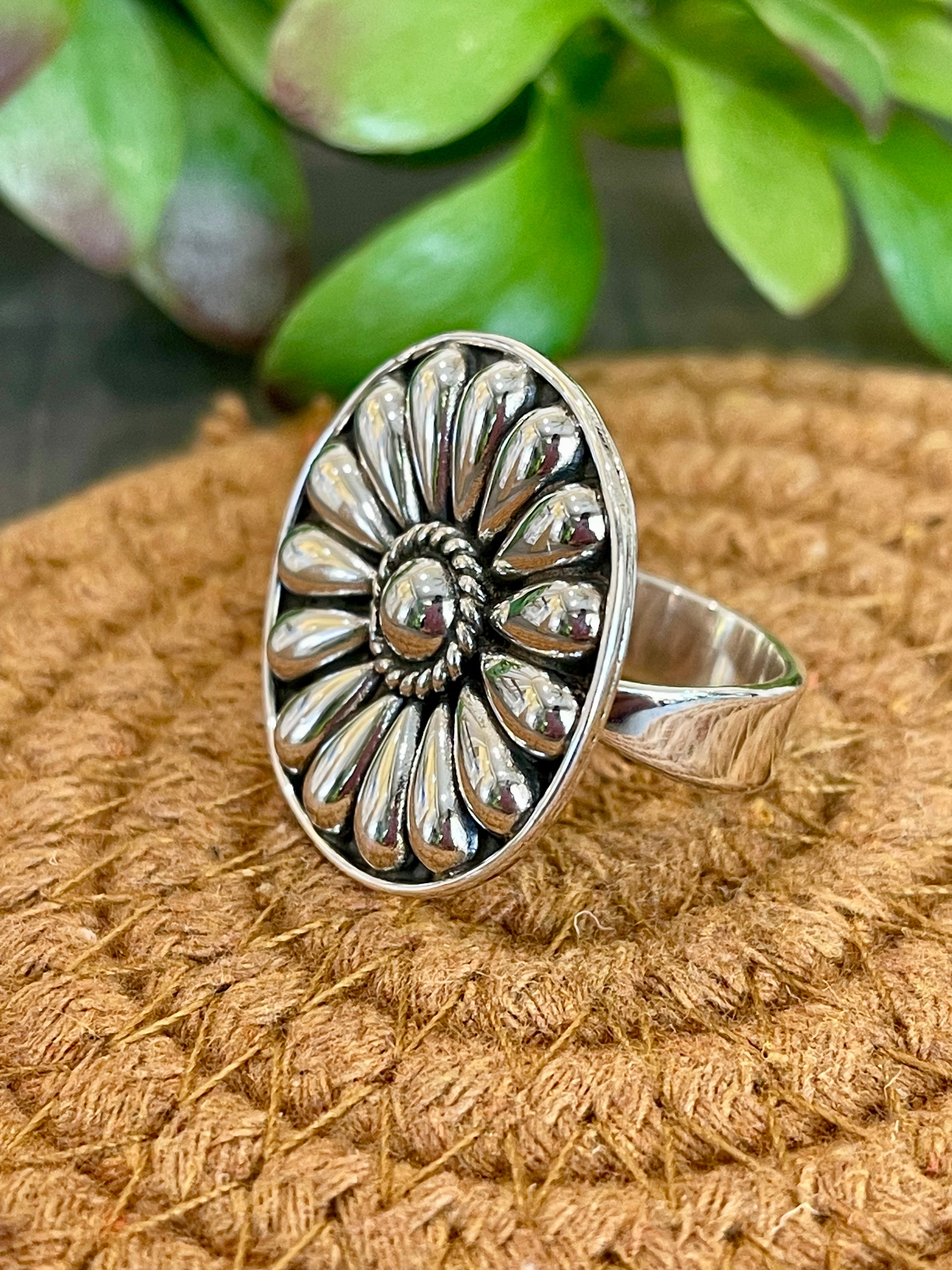 Southwest Handmade Sterling Silver Flower Circle Adjustable Ring