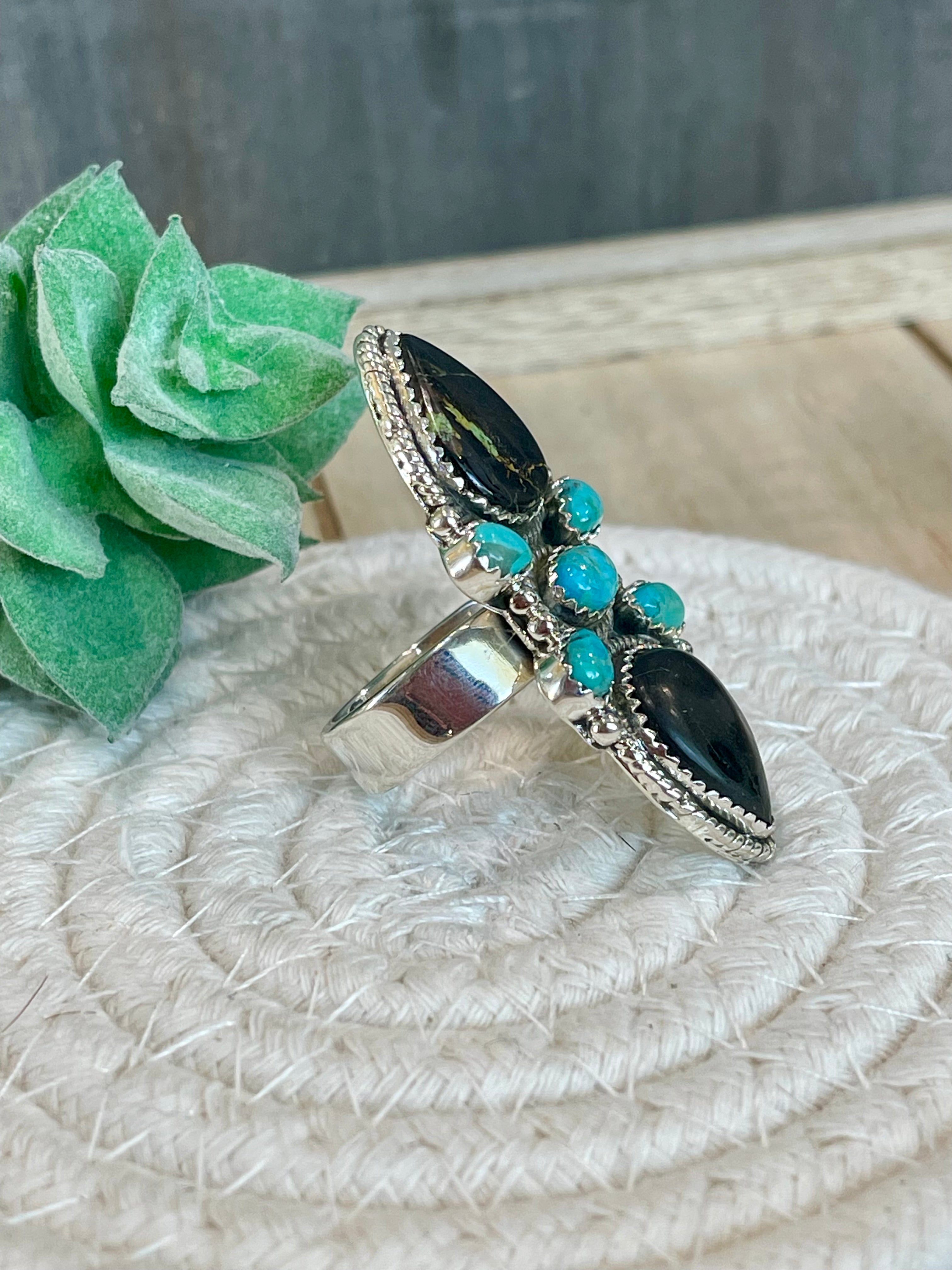 Southwest Handmade BlackJack Turquoise And Kingman Turquoise & Sterling Silver Adjustable Ring