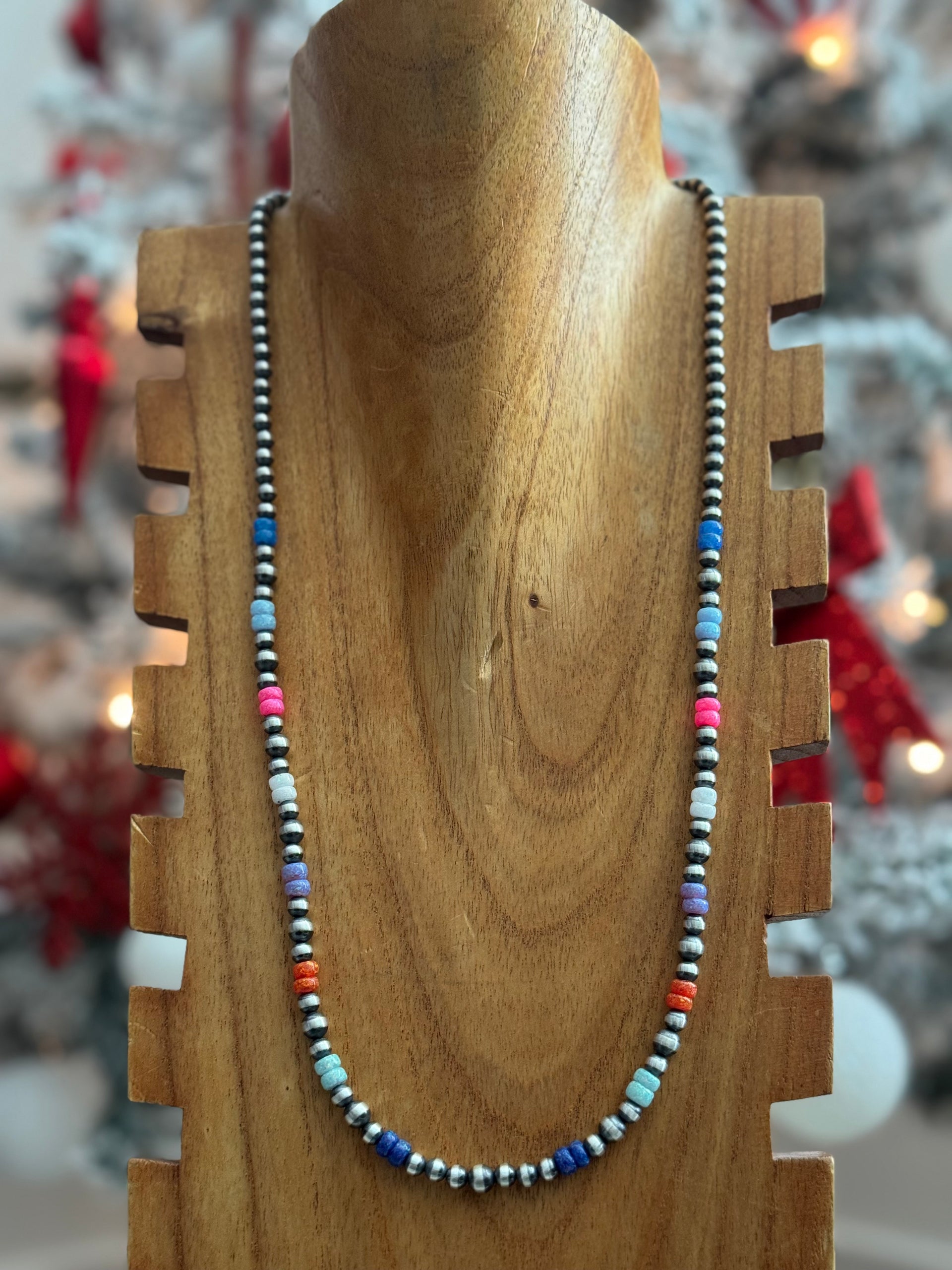 Navajo Strung Opal & Sterling Silver Beaded Pearl Necklace