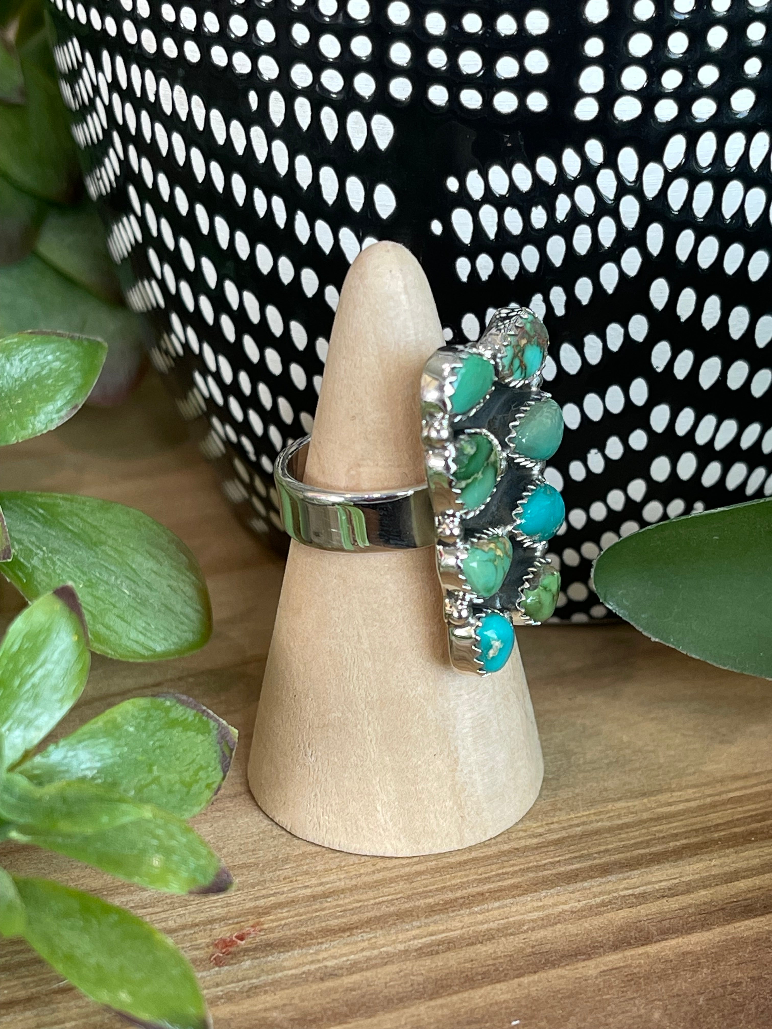 Southwest Handmade Sonoran Mountain Turquoise & Sterling Silver Cluster Adjustable Ring