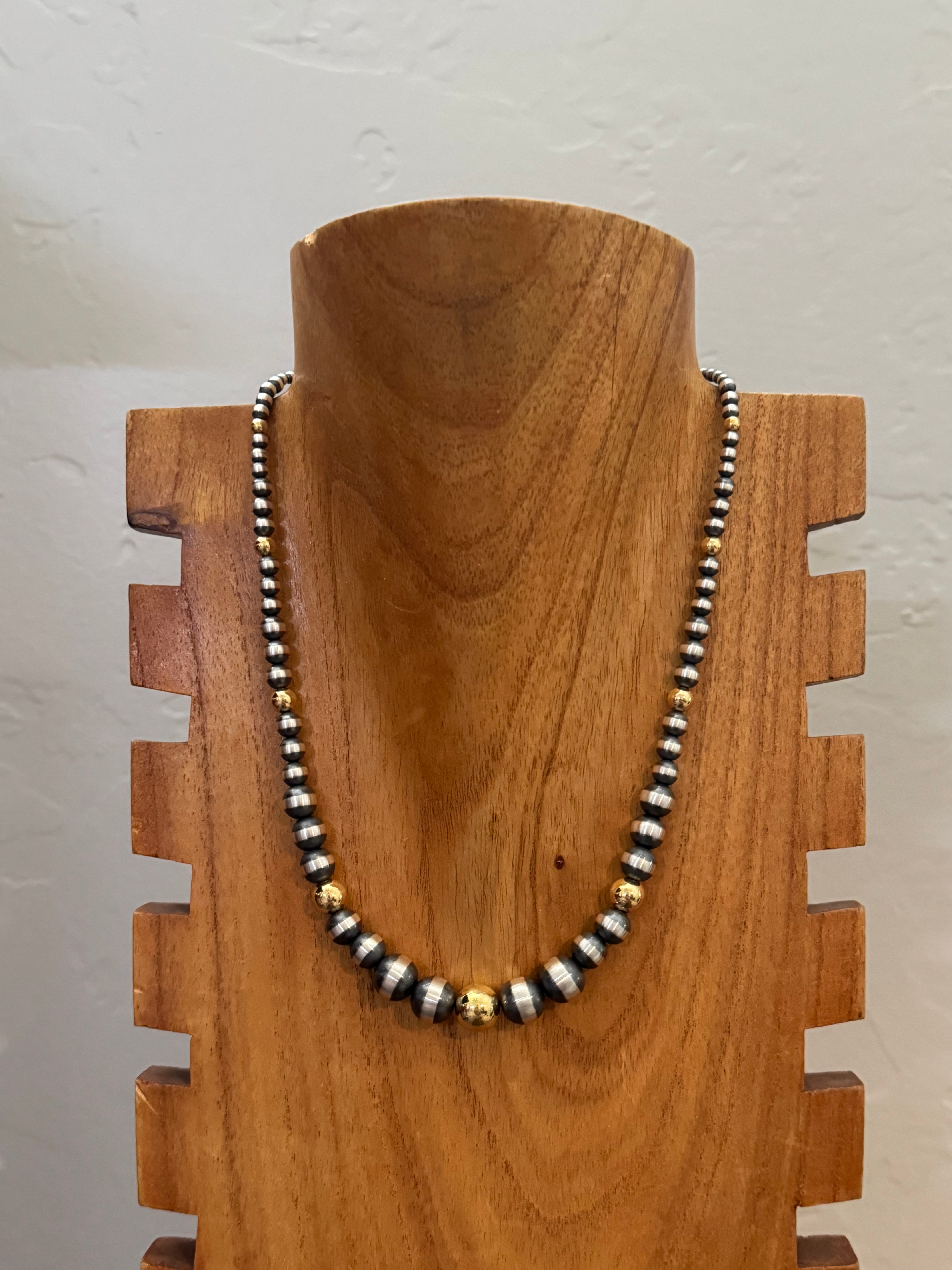 Navajo STRUNG Sterling Silver & 14 kt Gold Plate Graduated Pearl Necklace