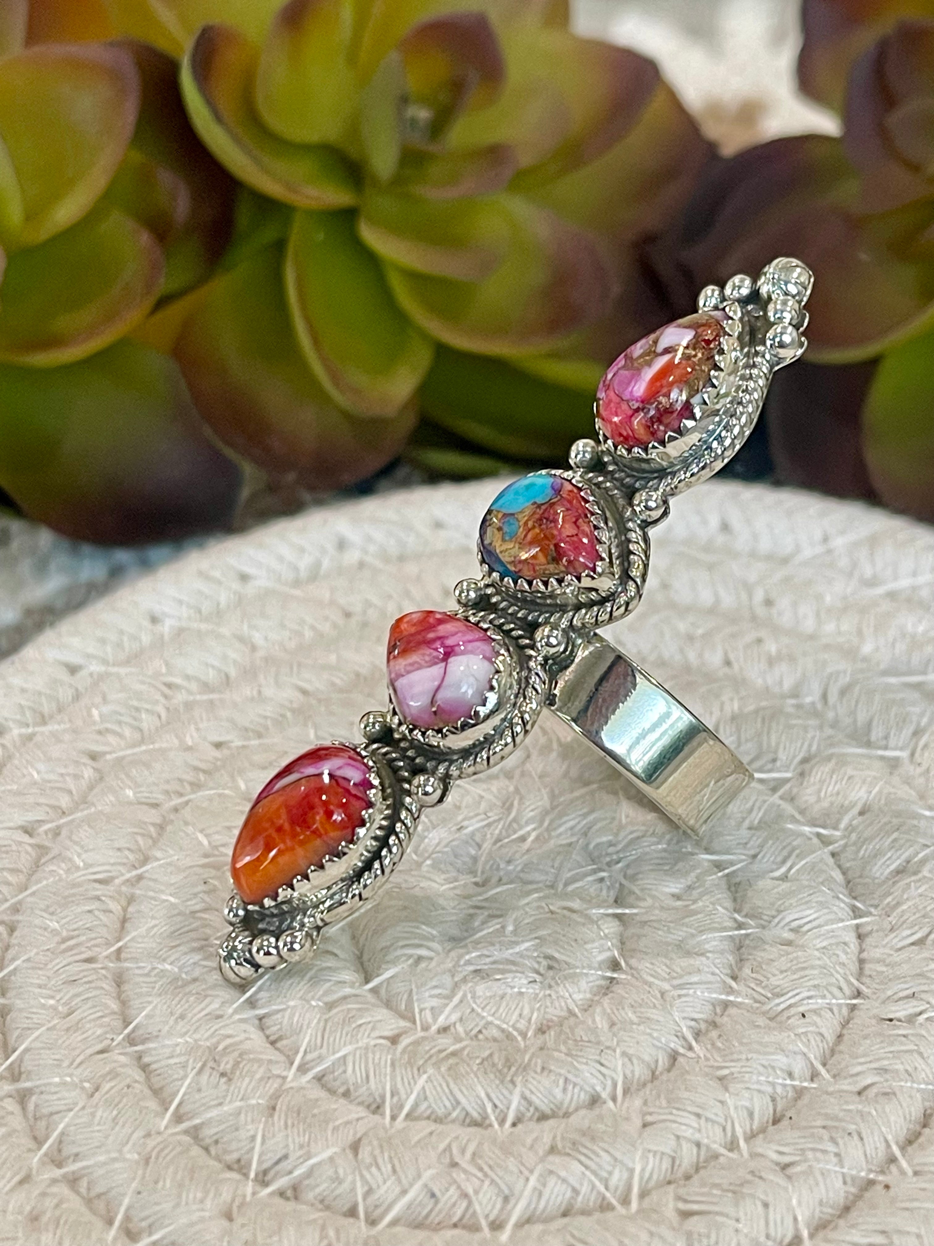 Southwest Handmade Pink Mohave & Sterling Silver Adjustable 4 Stone Ring