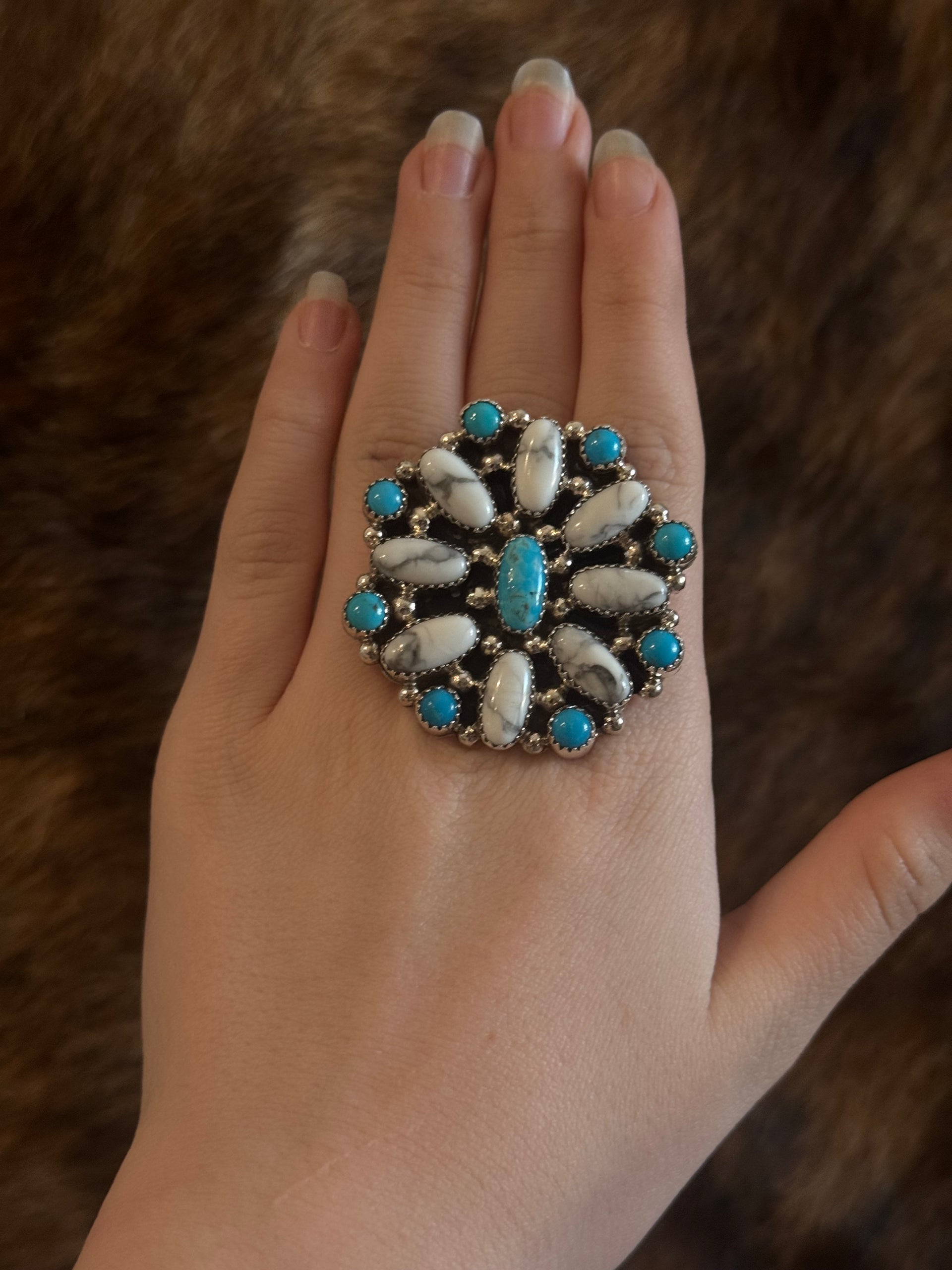 Navajo Made Multi Stone & Sterling Silver Adjustable Cluster Ring