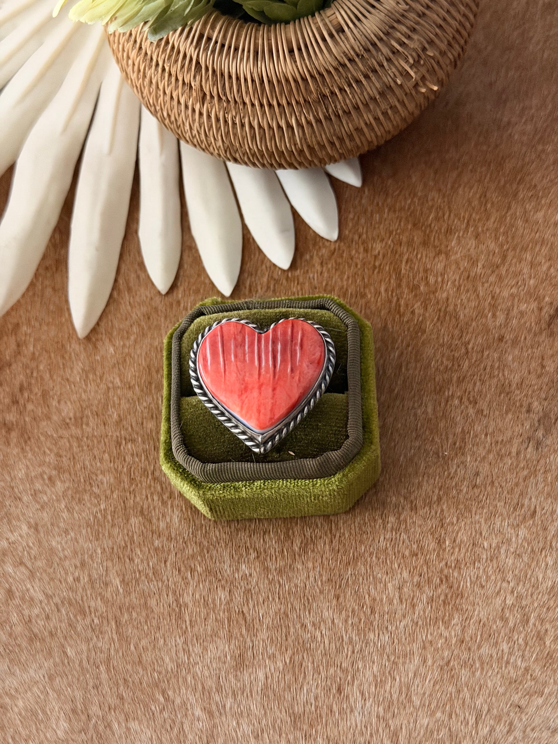 Navajo Made Red Spiny Oyster & Sterling Silver Adjustable Heart Ring