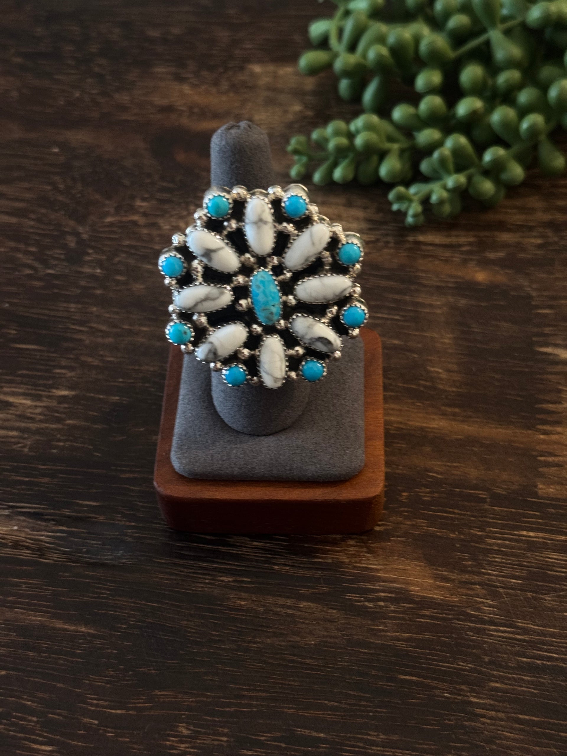 Navajo Made Multi Stone & Sterling Silver Adjustable Cluster Ring