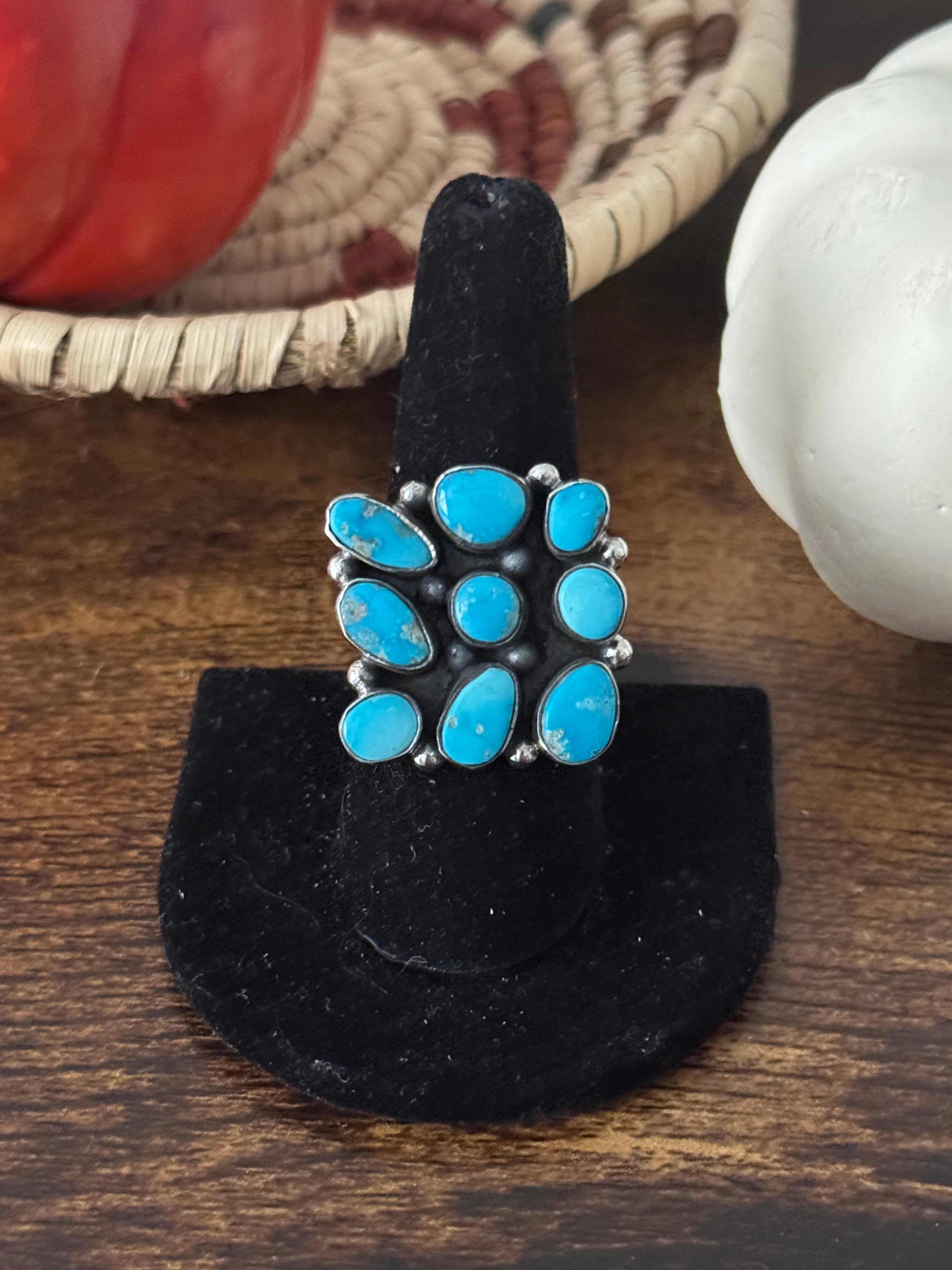 Southwest Handmade Valley Blue Turquoise & Sterling Silver Adjustable Cluster Ring