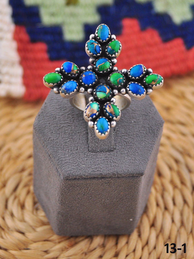 Southwest Handmade Peacock Dahlia & Sterling Silver Adjustable Ring