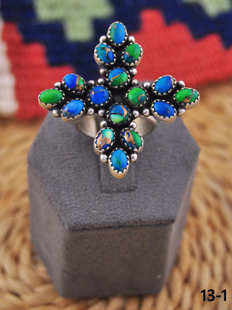 Southwest Handmade Peacock Dahlia & Sterling Silver Adjustable Ring