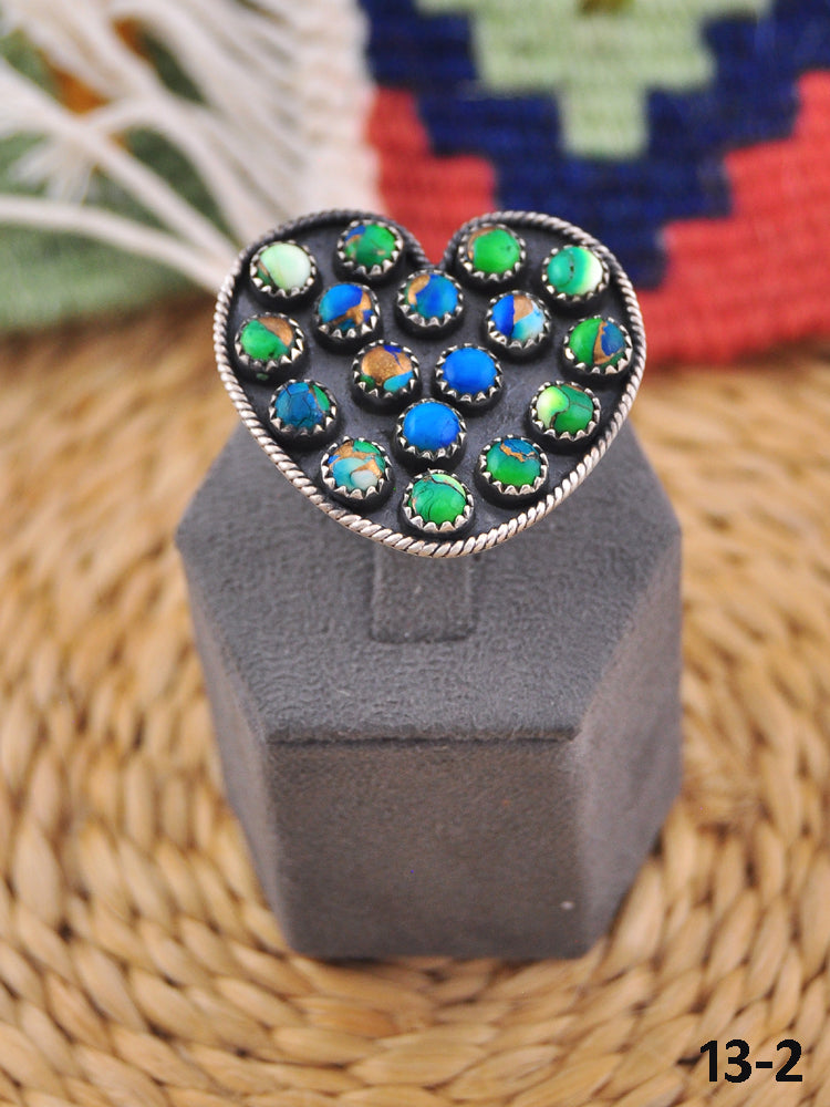 Southwest Handmade Peacock Dahlia & Sterling Silver Adjustable Heart Ring