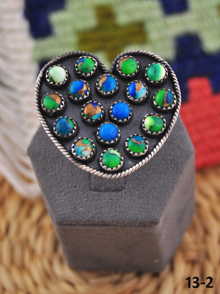 Southwest Handmade Peacock Dahlia & Sterling Silver Adjustable Heart Ring