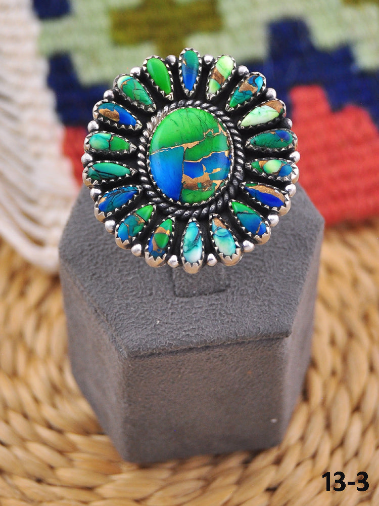 Southwest Handmade Peacock Dahlia & Sterling Silver Adjustable Cluster Ring