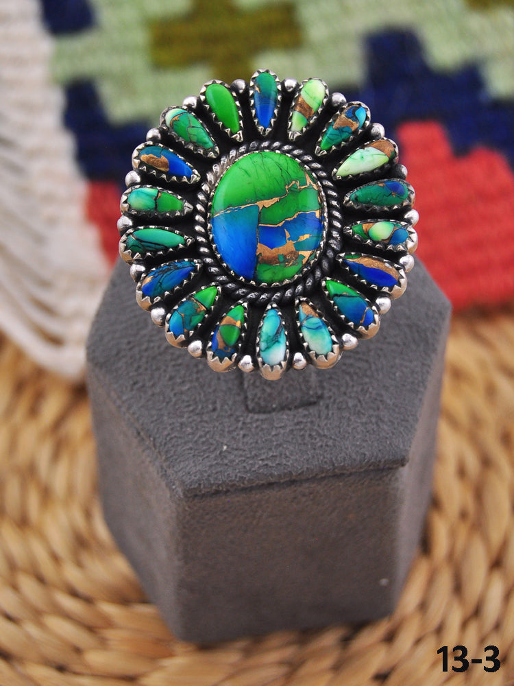 Southwest Handmade Peacock Dahlia & Sterling Silver Adjustable Cluster Ring