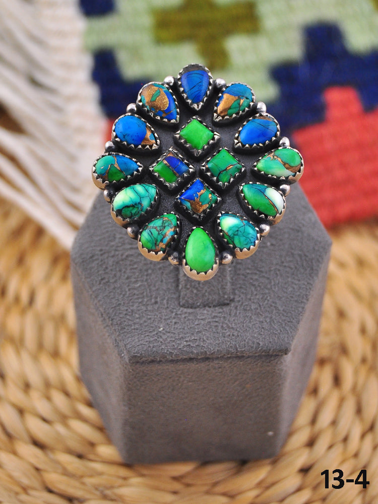 Southwest Handmade Peacock Dahlia & Sterling Silver Adjustable Ring