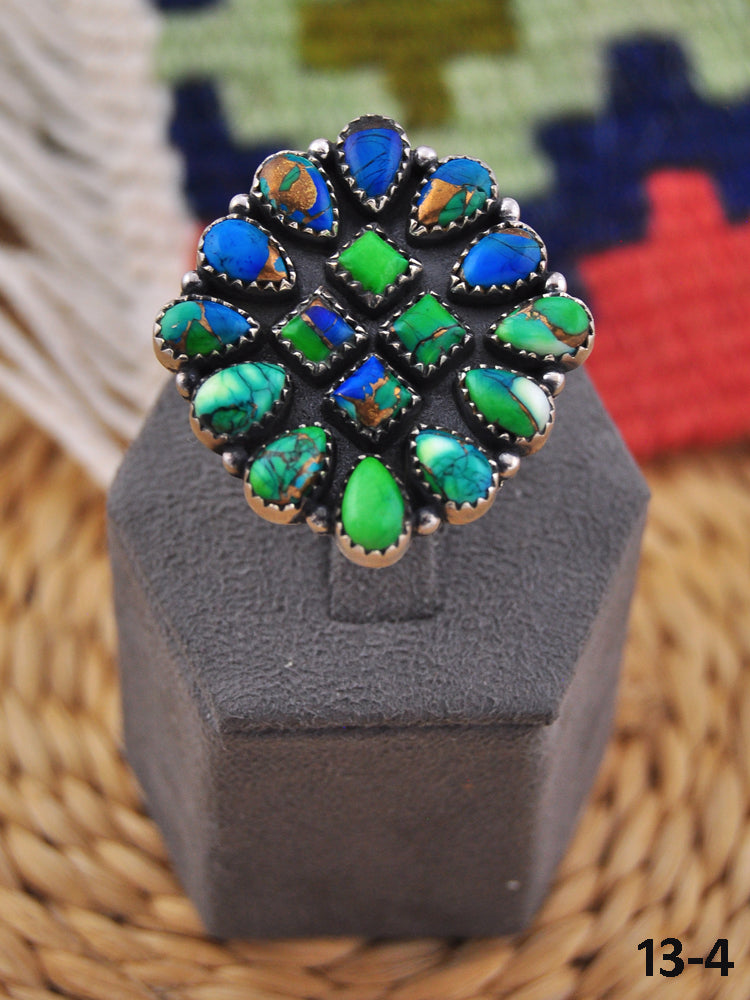 Southwest Handmade Peacock Dahlia & Sterling Silver Adjustable Ring