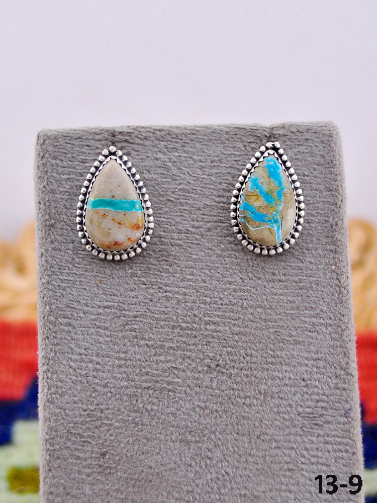 Southwest Handmade Ribbon Royston Turquoise & Sterling Silver Post Stud Earrings