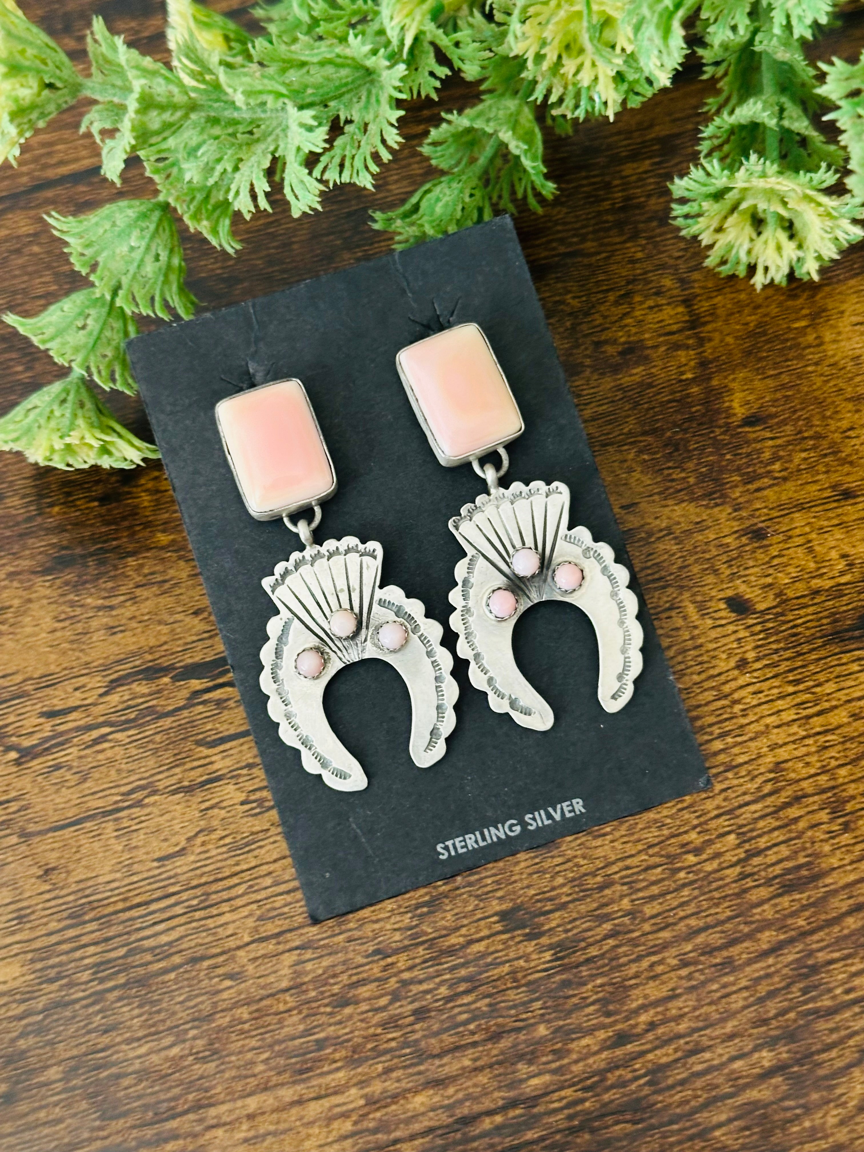 Navajo Made Pink Conch & Sterling Silver Post Dangle Concho Earrings