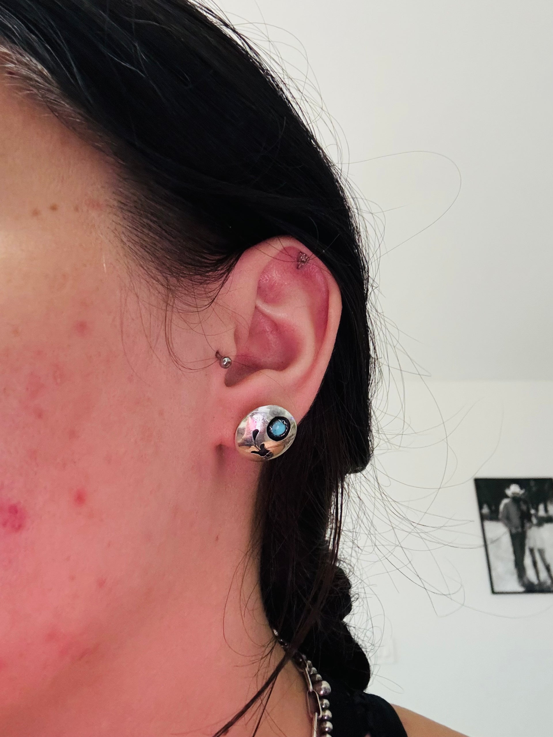 Navajo Made Kingman Turquoise & Sterling Silver Post Concho Shadowbox Earrings