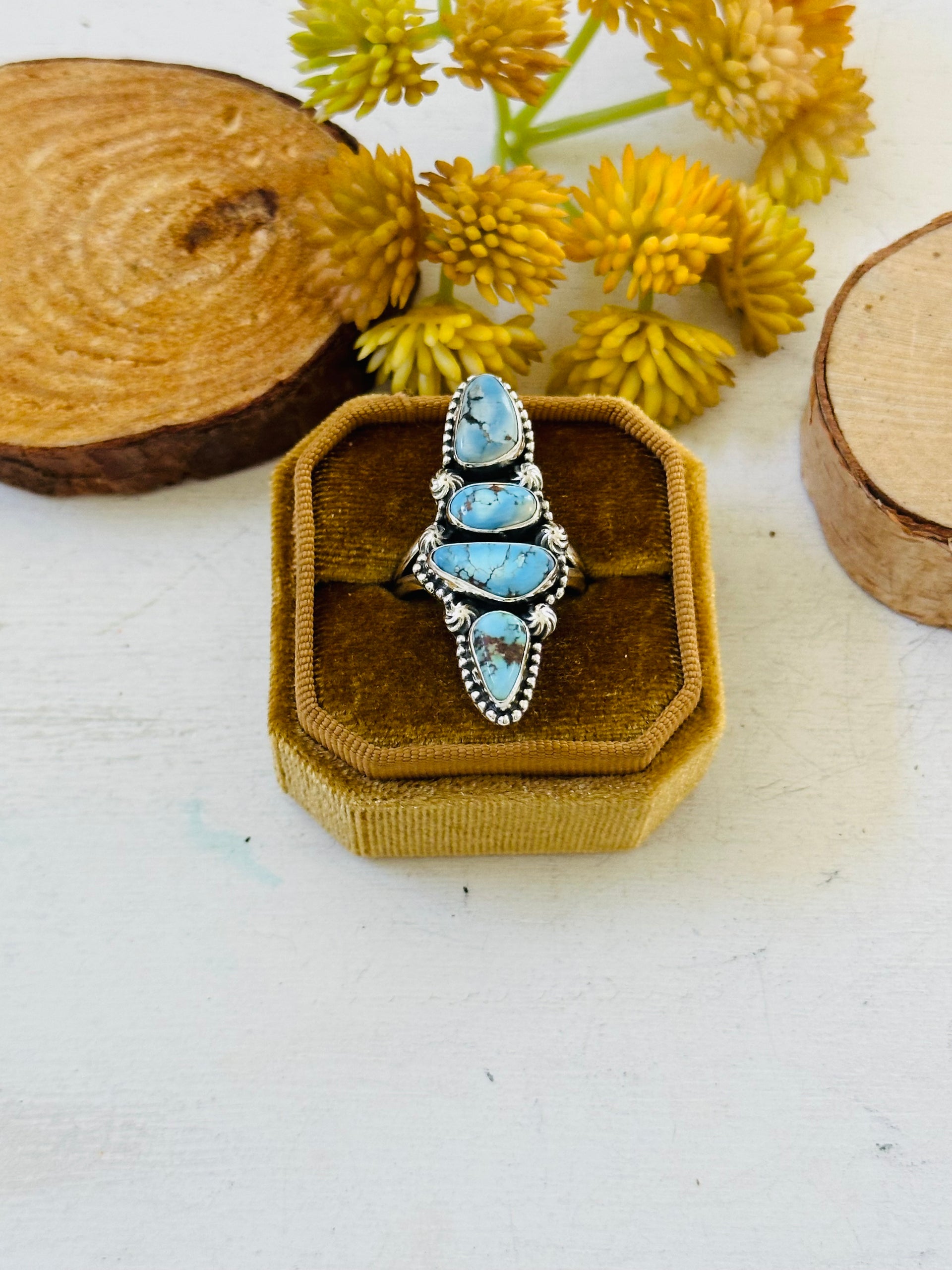 Southwest Handmade Golden Hills Turquoise & Sterling Silver Ring Size 9