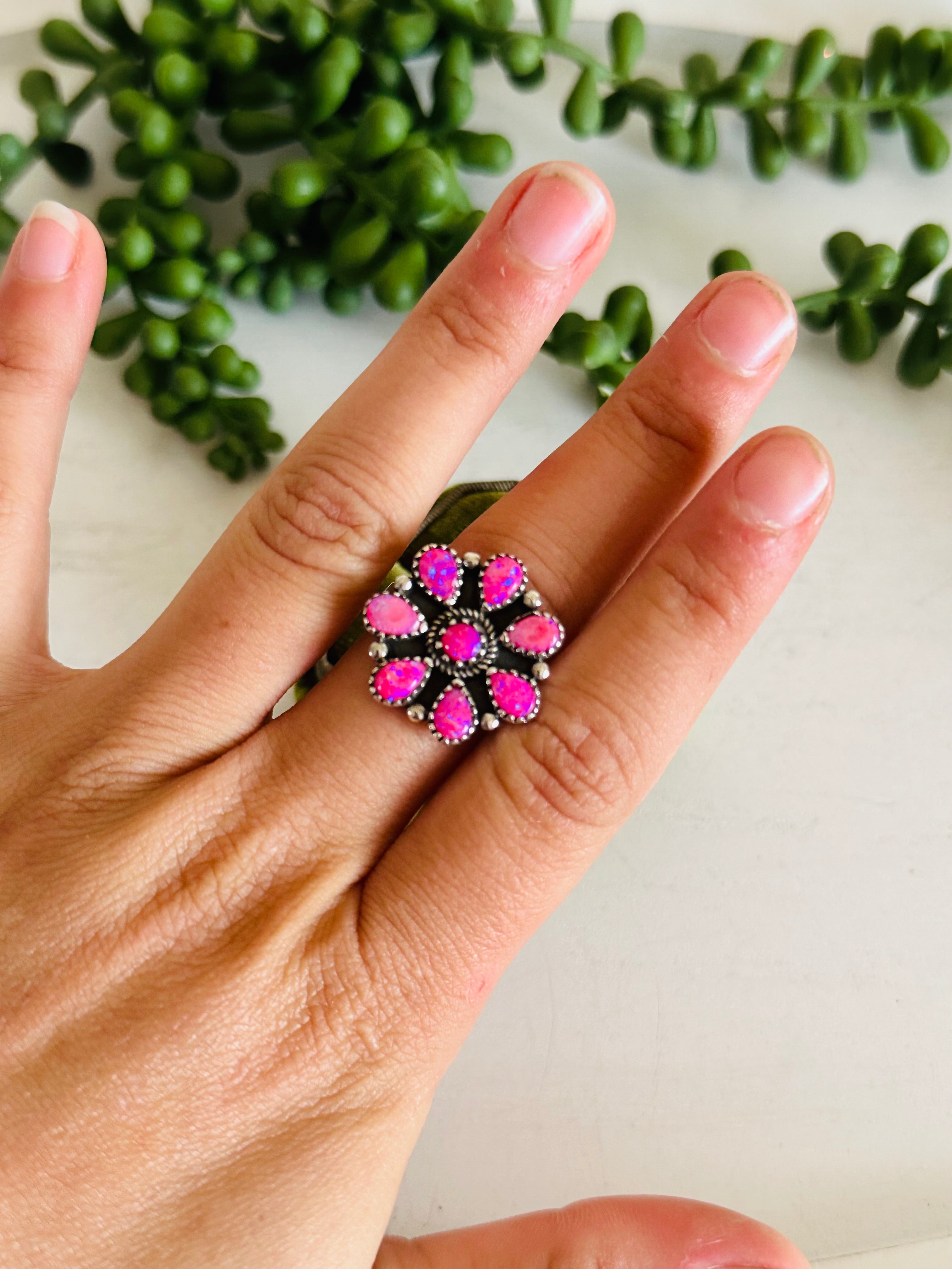 Southwest Handmade Pink Opal & Sterling Silver Adjustable Cluster Ring