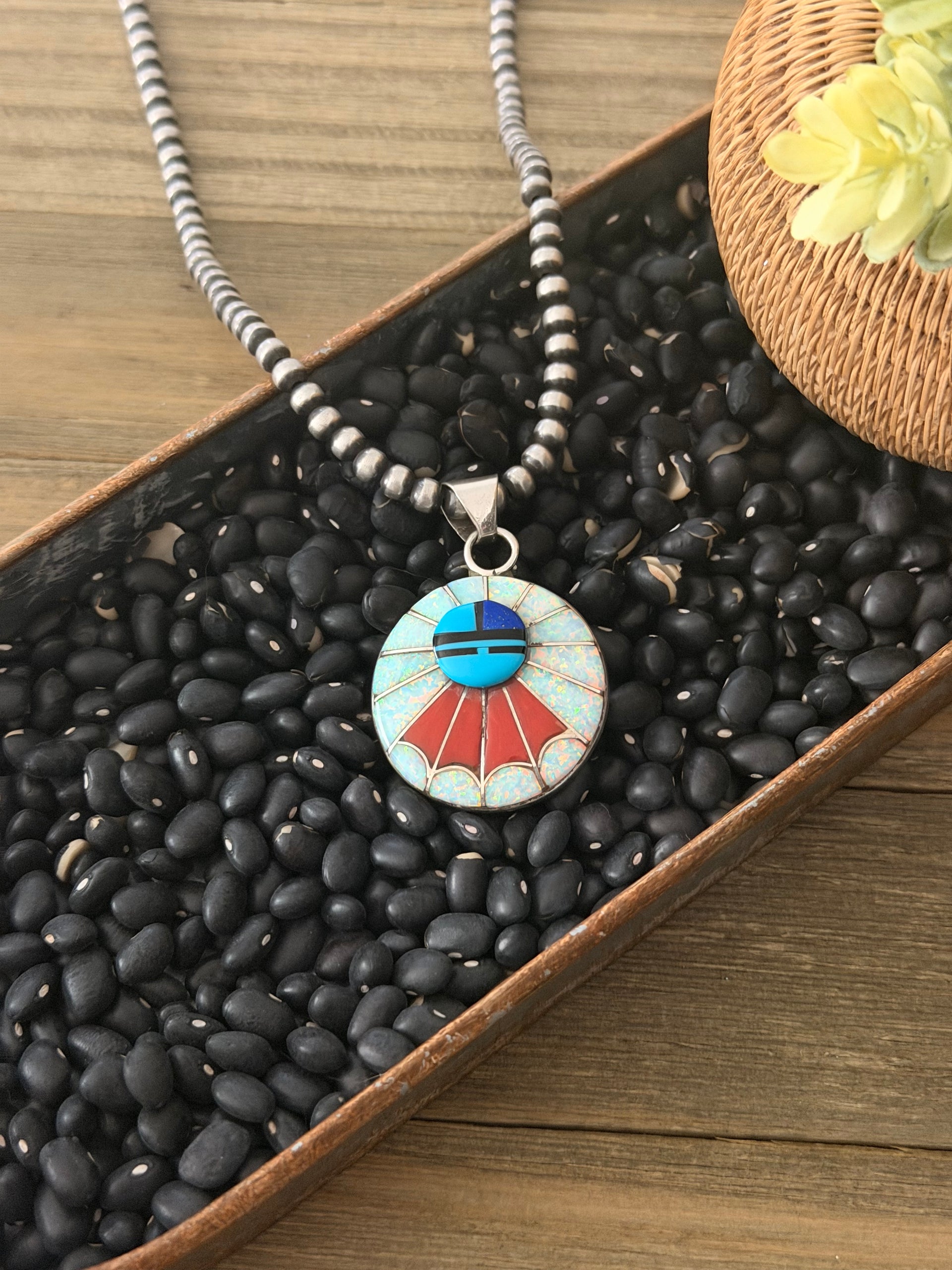 Zuni Made Multi Stone & Sterling Silver Inlay Sunface Pendant