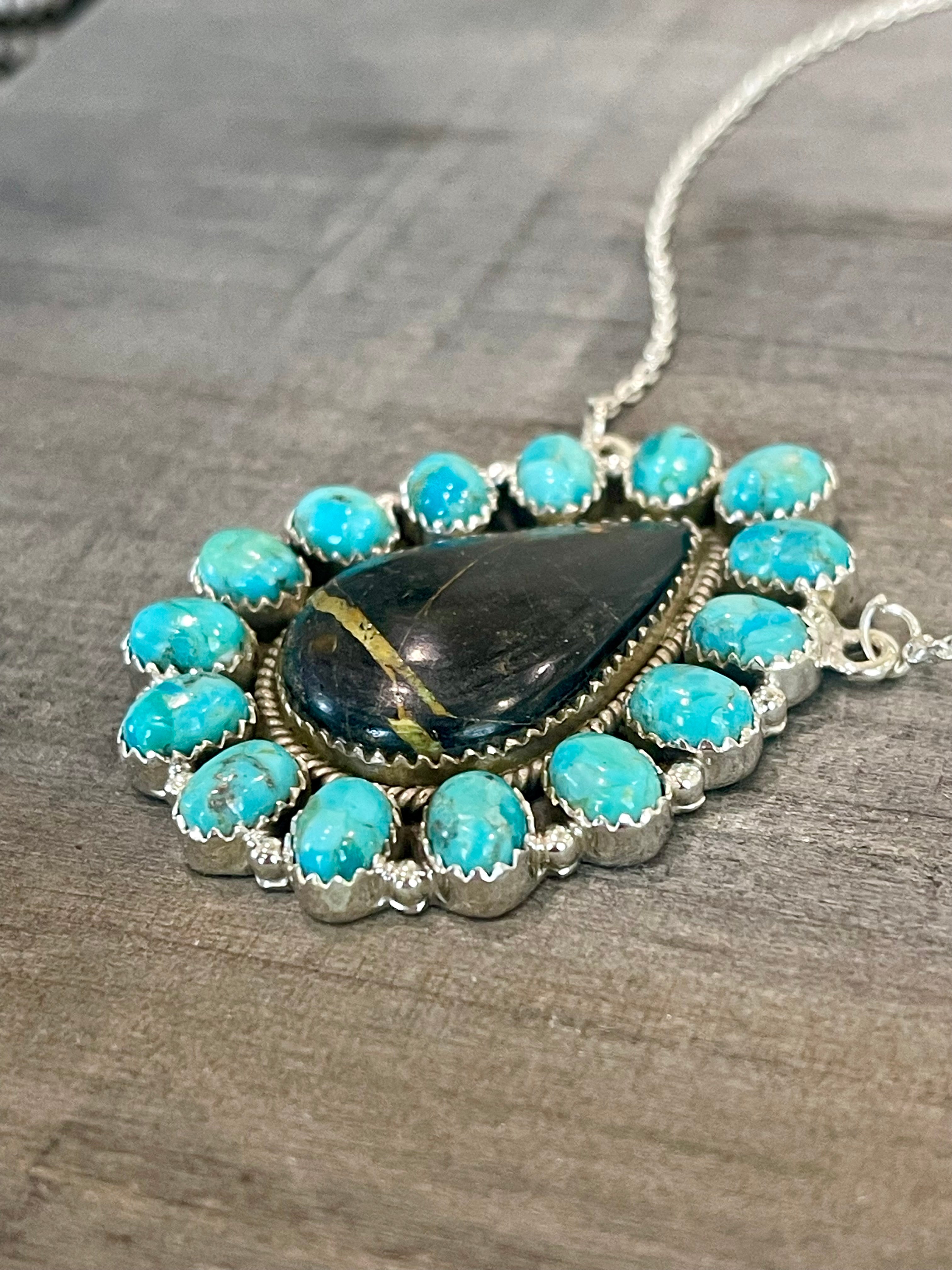 Southwest Handmade BlackJack Turquoise And Kingman Turquoise & Sterling Silver Necklace