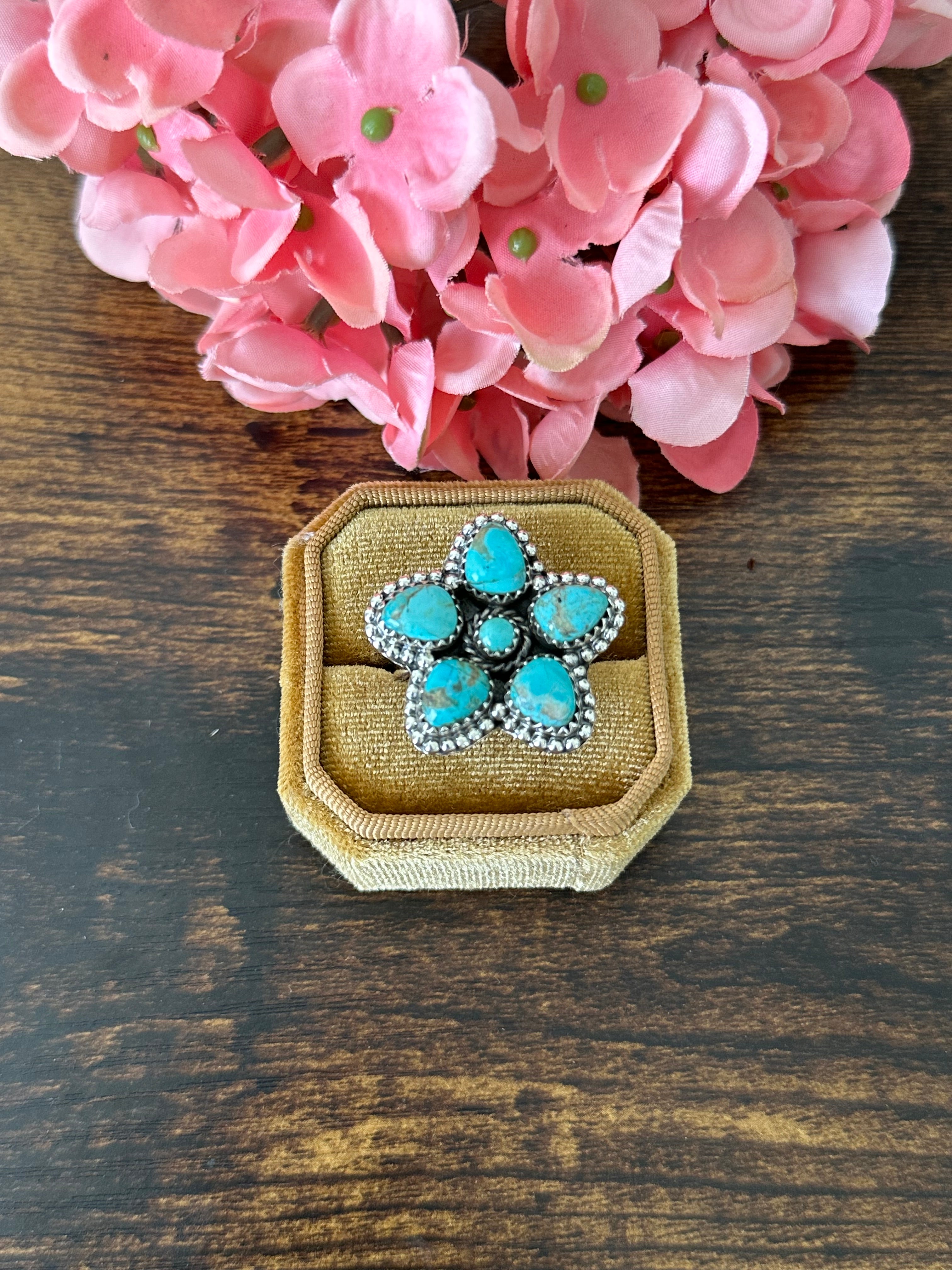 Southwest Handmade Kingman Turquoise & Sterling Silver Cluster Adjustable Ring