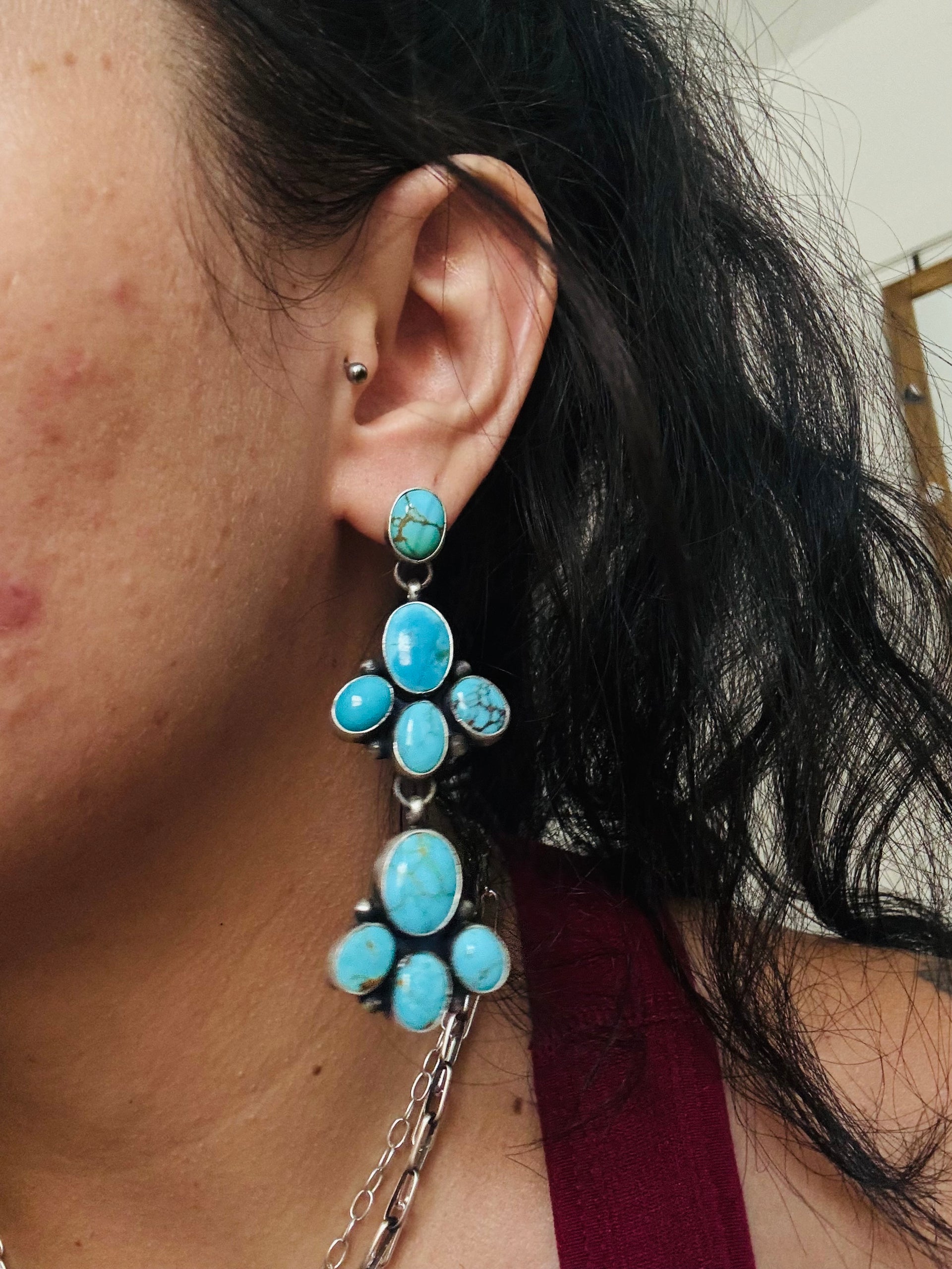 Timothy Yazzie Kingman Turquoise & Sterling Silver Post Cluster Dangle Earrings