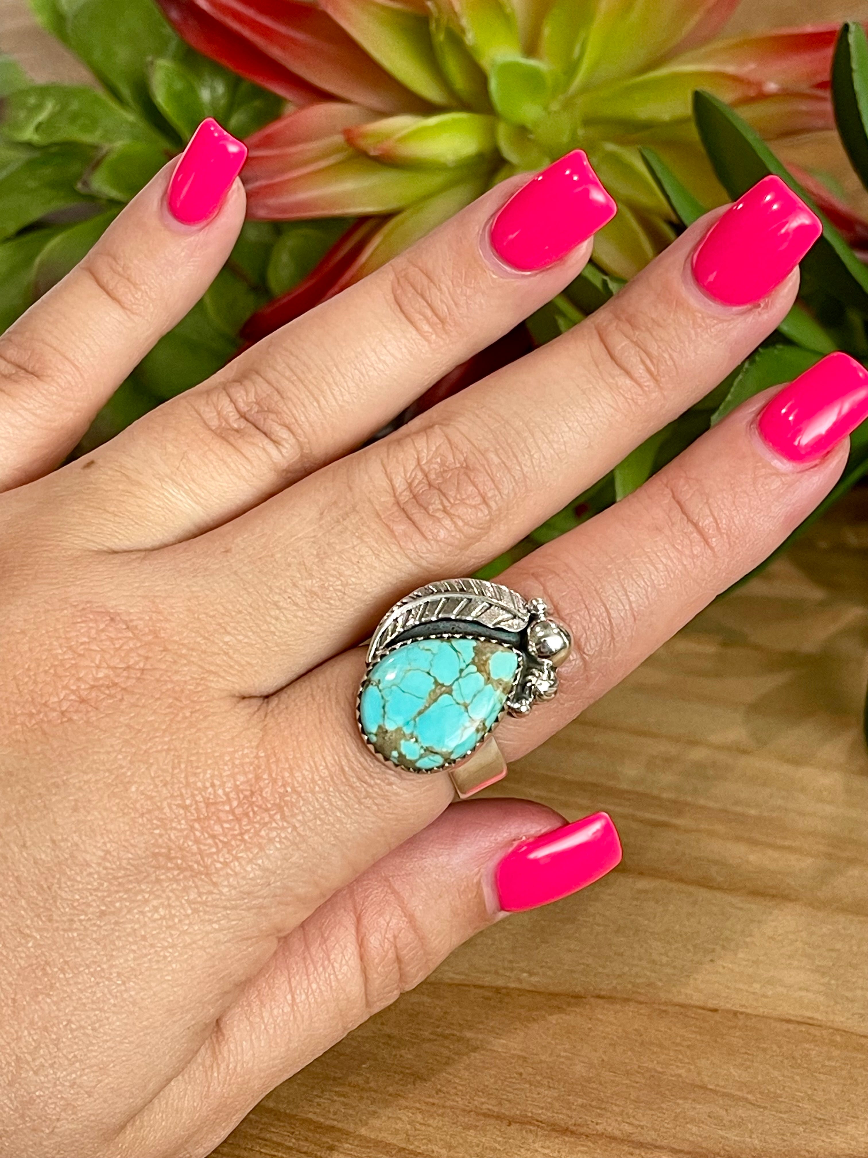 Southwest Number 8 Turquoise & Sterling Silver Adjustable Feather Ring