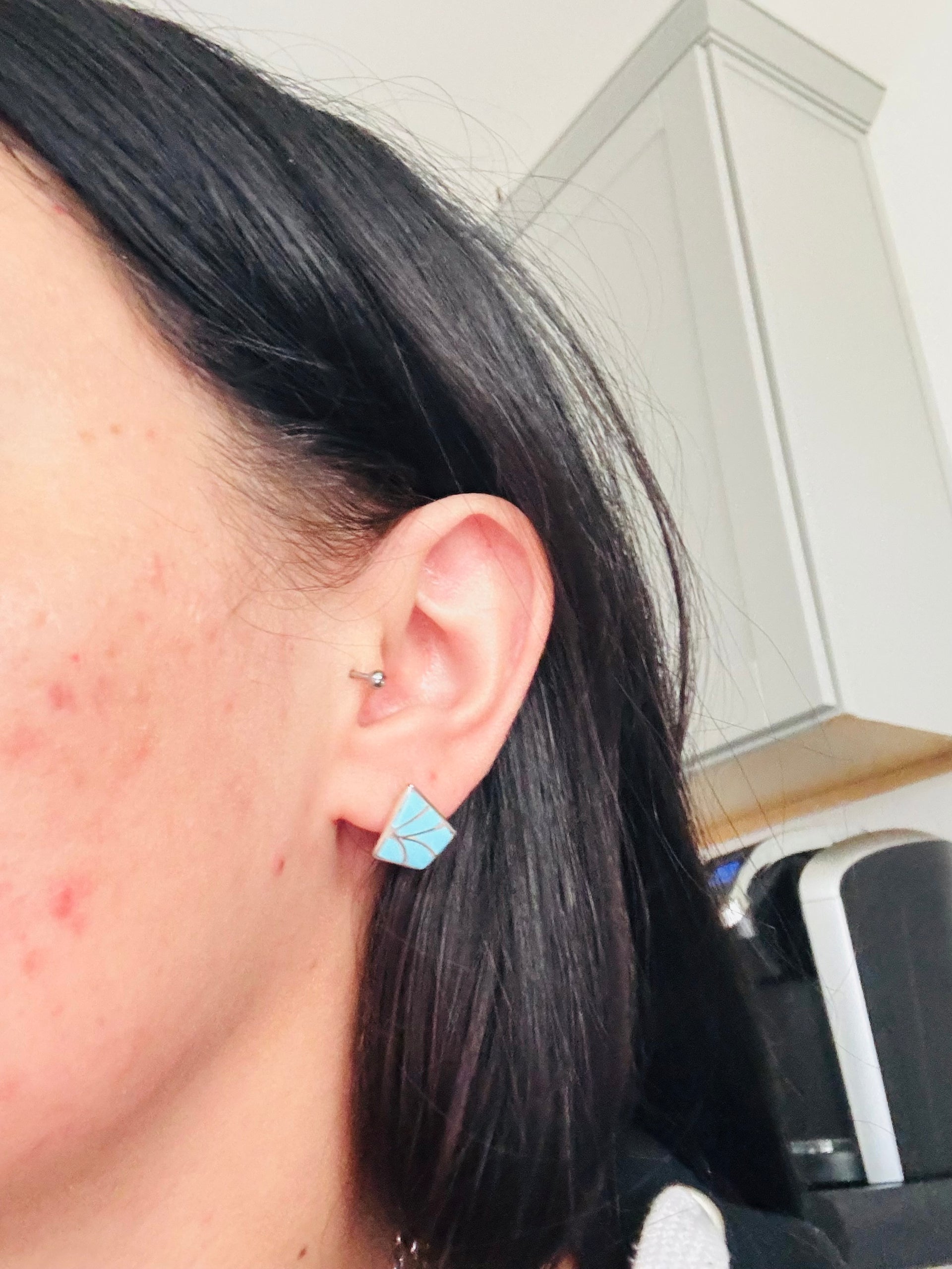 Zuni Made Kingman Turquoise & Sterling Silver Inlay Earrings