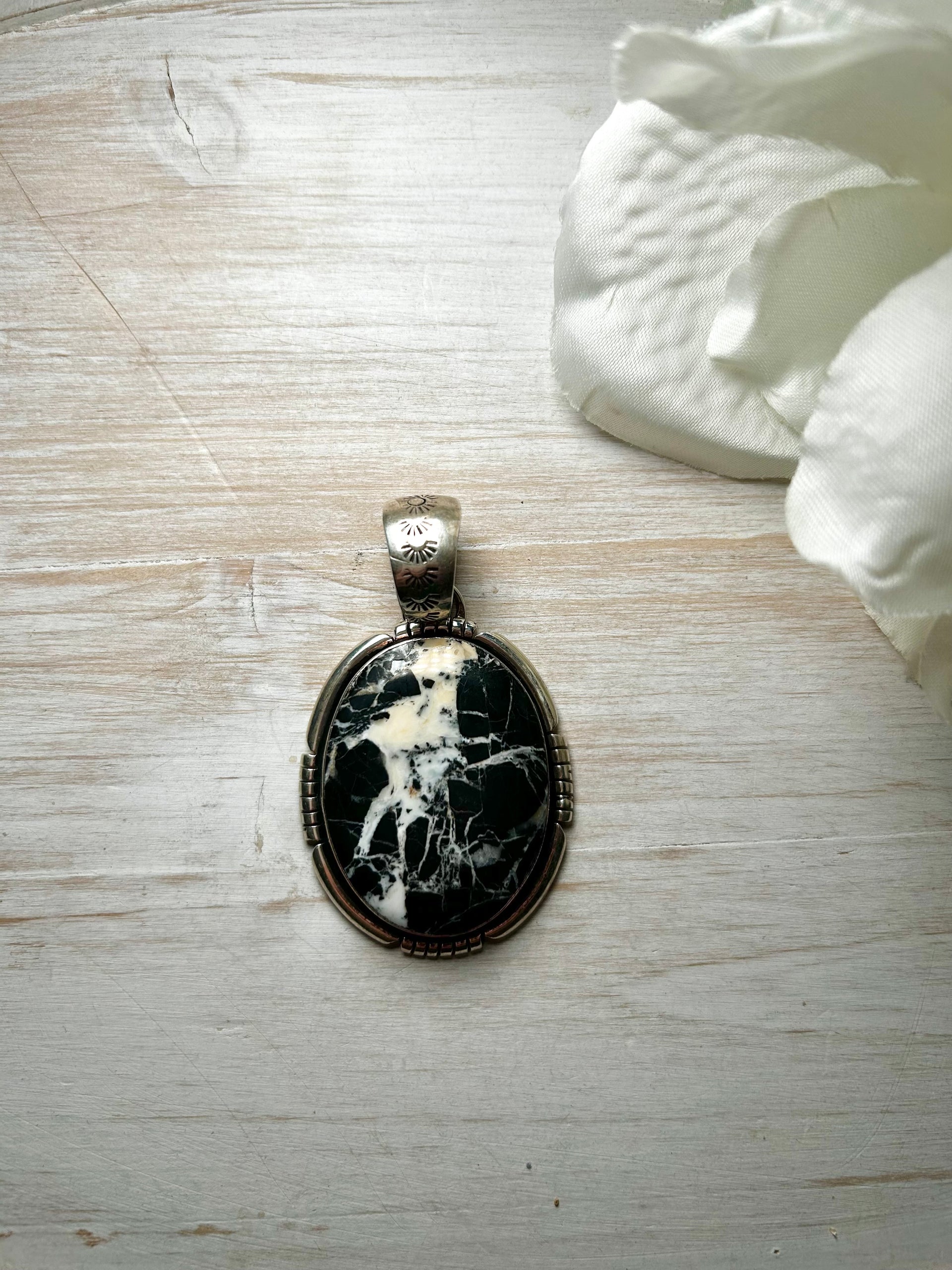 Navajo Made White Buffalo & Sterling Silver Pendant