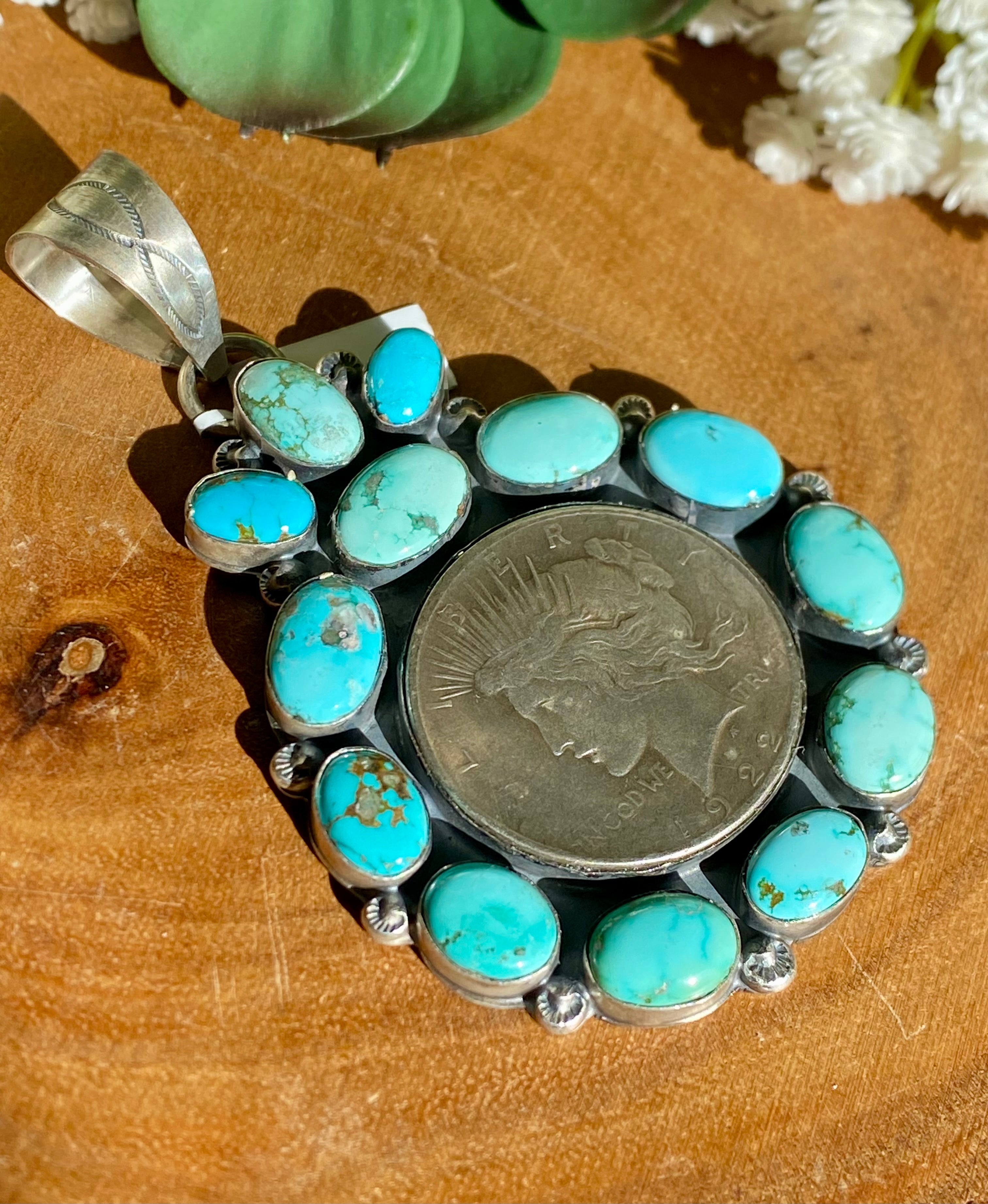 Navajo Made Kingman Turquoise & Sterling Silver 1922 Silver Dollar PENDANT ONLY