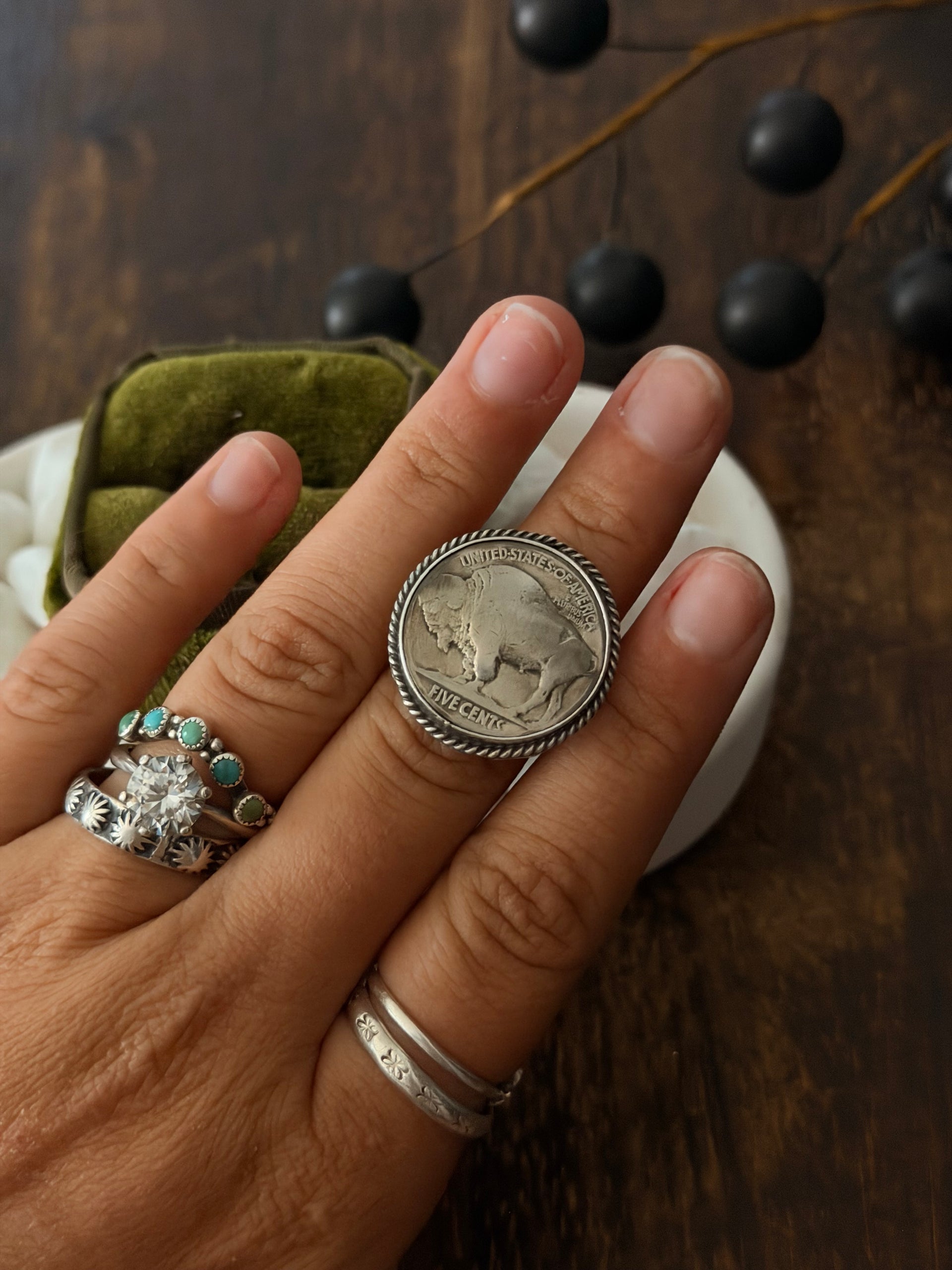 Navajo Made Buffalo Nickel & Sterling Silver Ring Size 6