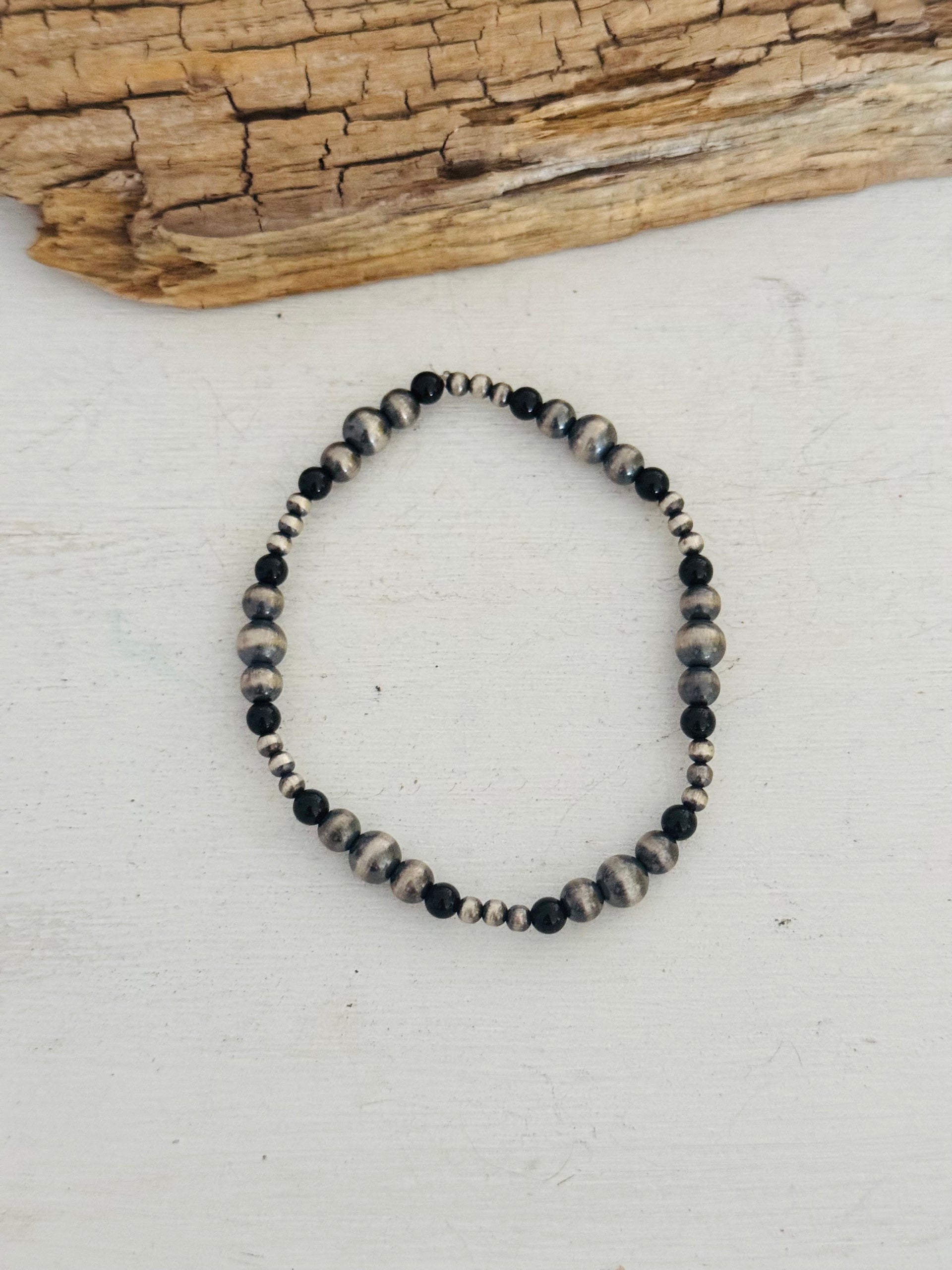 Navajo Strung Onyx & Sterling Silver Pearl Beaded Stretch Bracelet