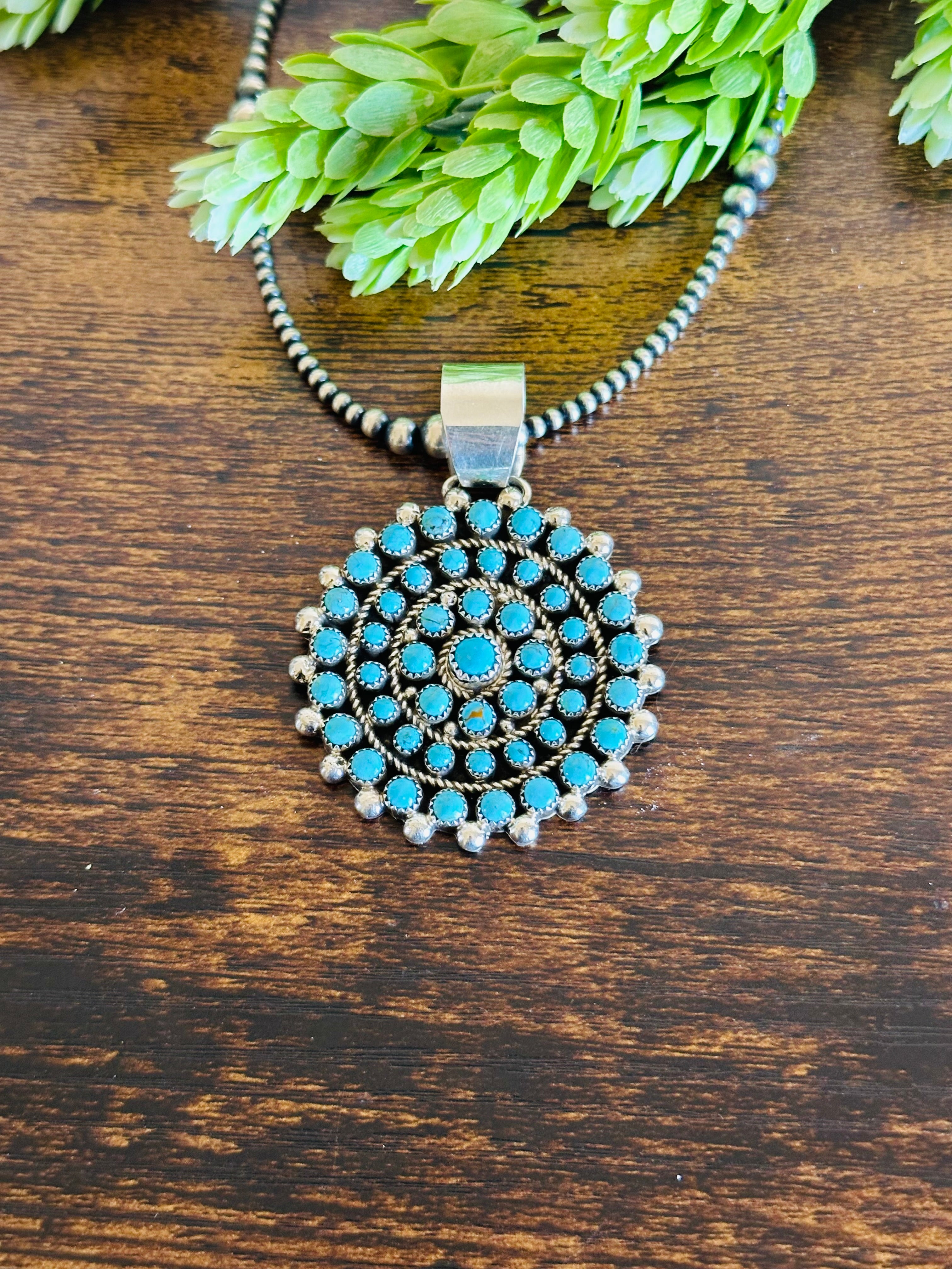 Navajo Made Kingman Turquoise & Sterling Silver Cluster Pendant