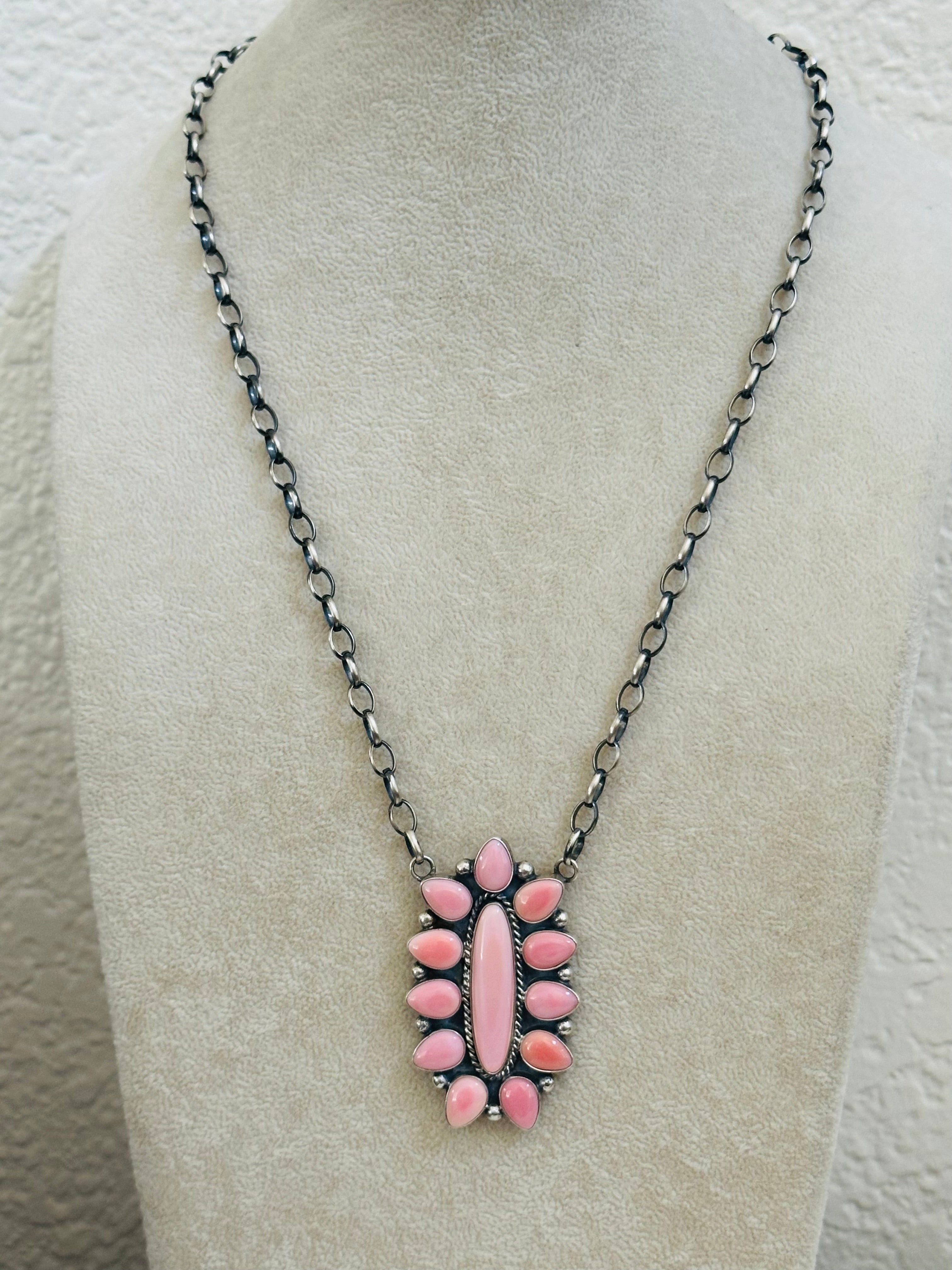 Virginia Sandoval Pink Conch and Sterling Silver Cluster Necklace