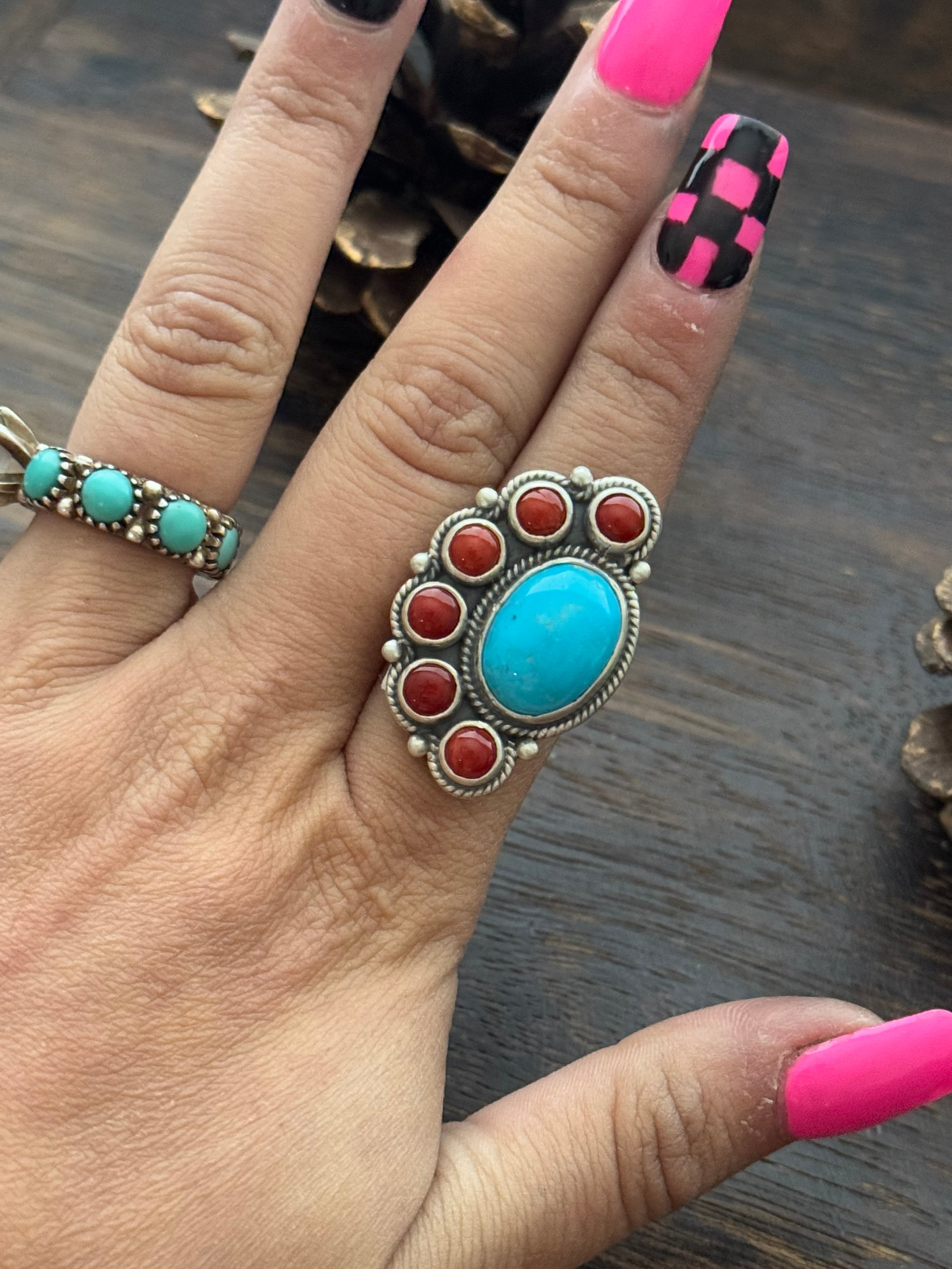 Navajo Made Multi Stone & Sterling Silver Adjustable Ring