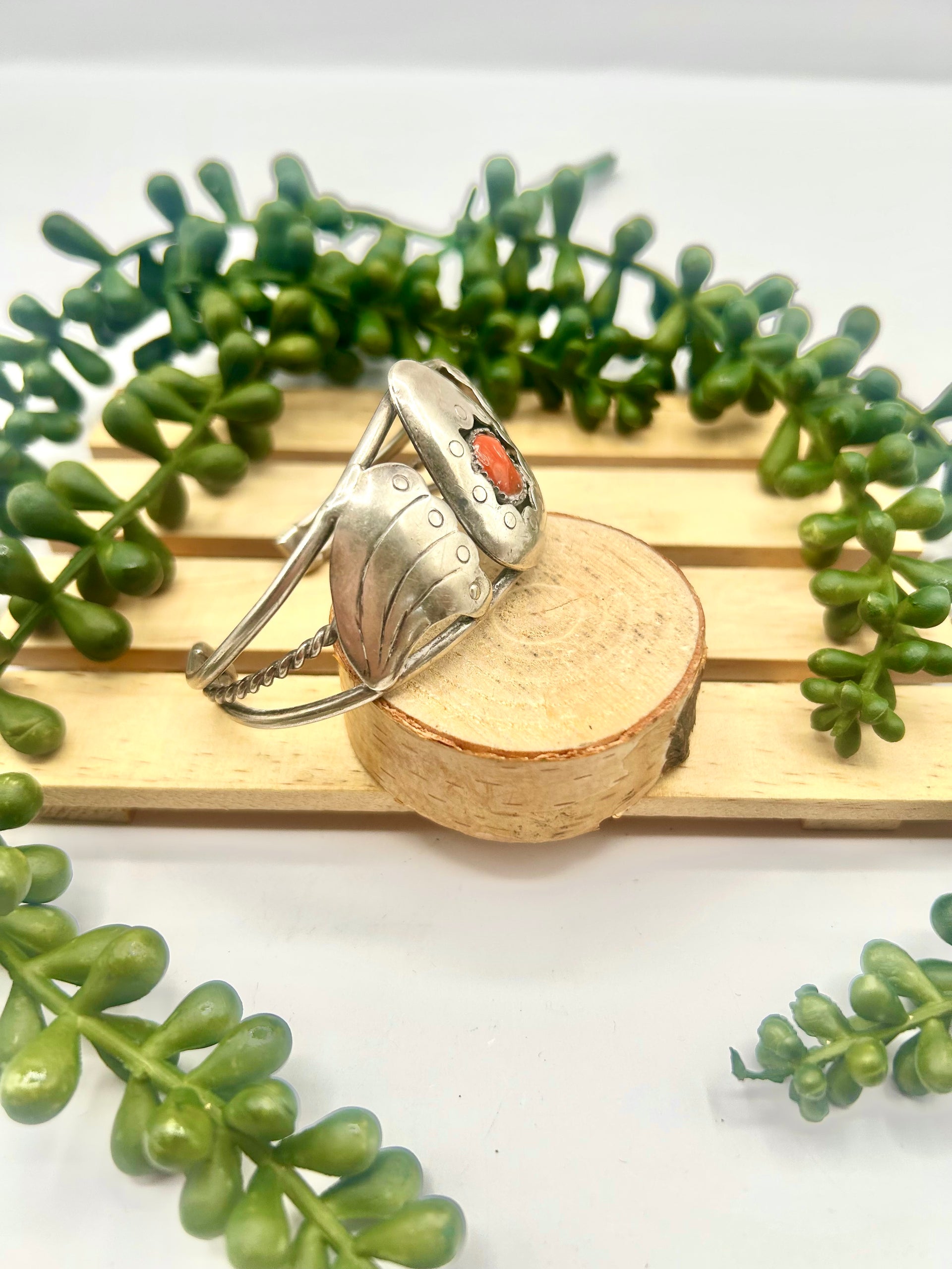 Vintage Navajo Made Red Coral & Sterling Silver Cuff Bracelet