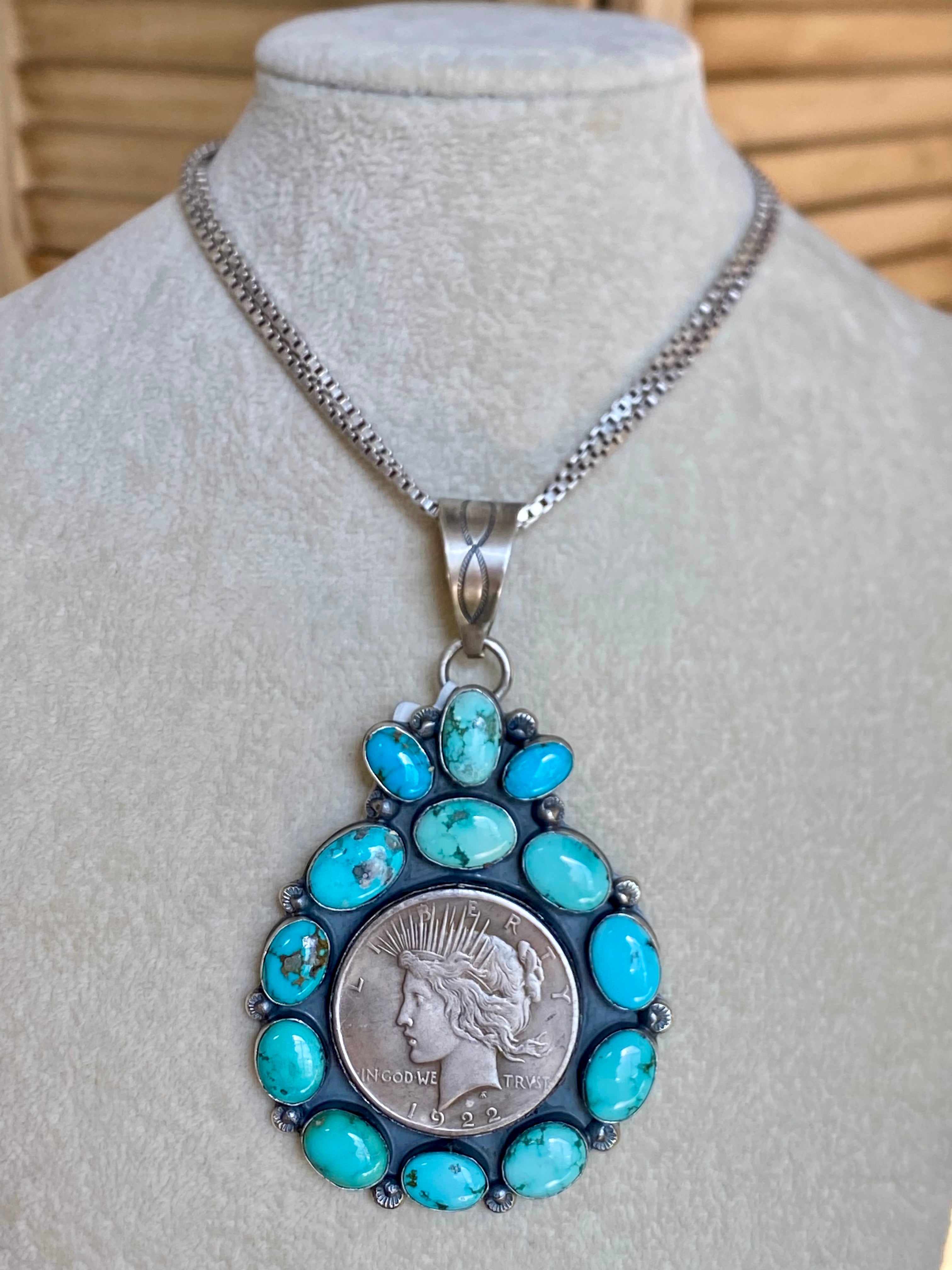 Navajo Made Kingman Turquoise & Sterling Silver 1922 Silver Dollar PENDANT ONLY