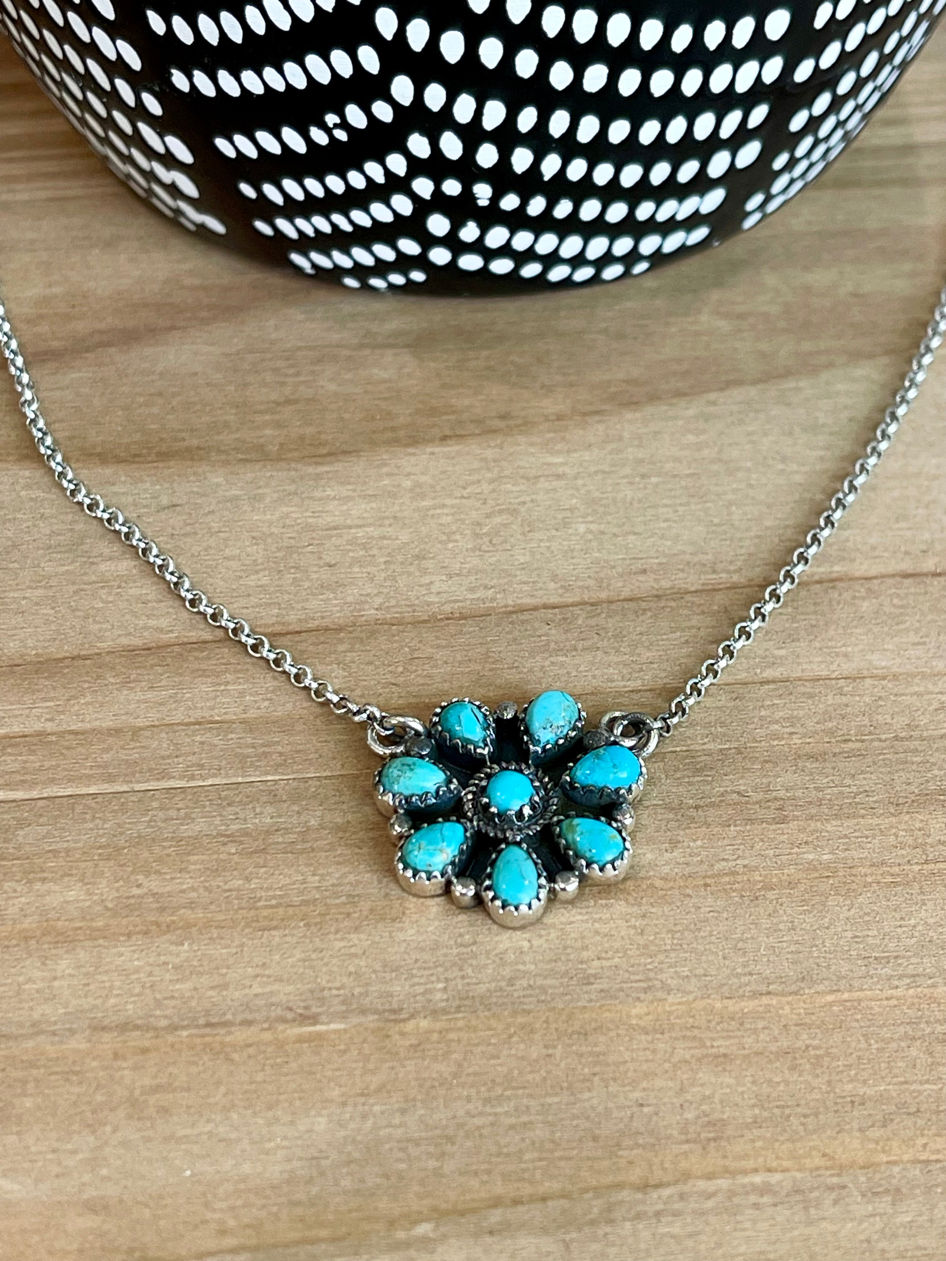 Southwest Handmade Kingman Turquoise & Sterling Silver Cluster Flower Necklace