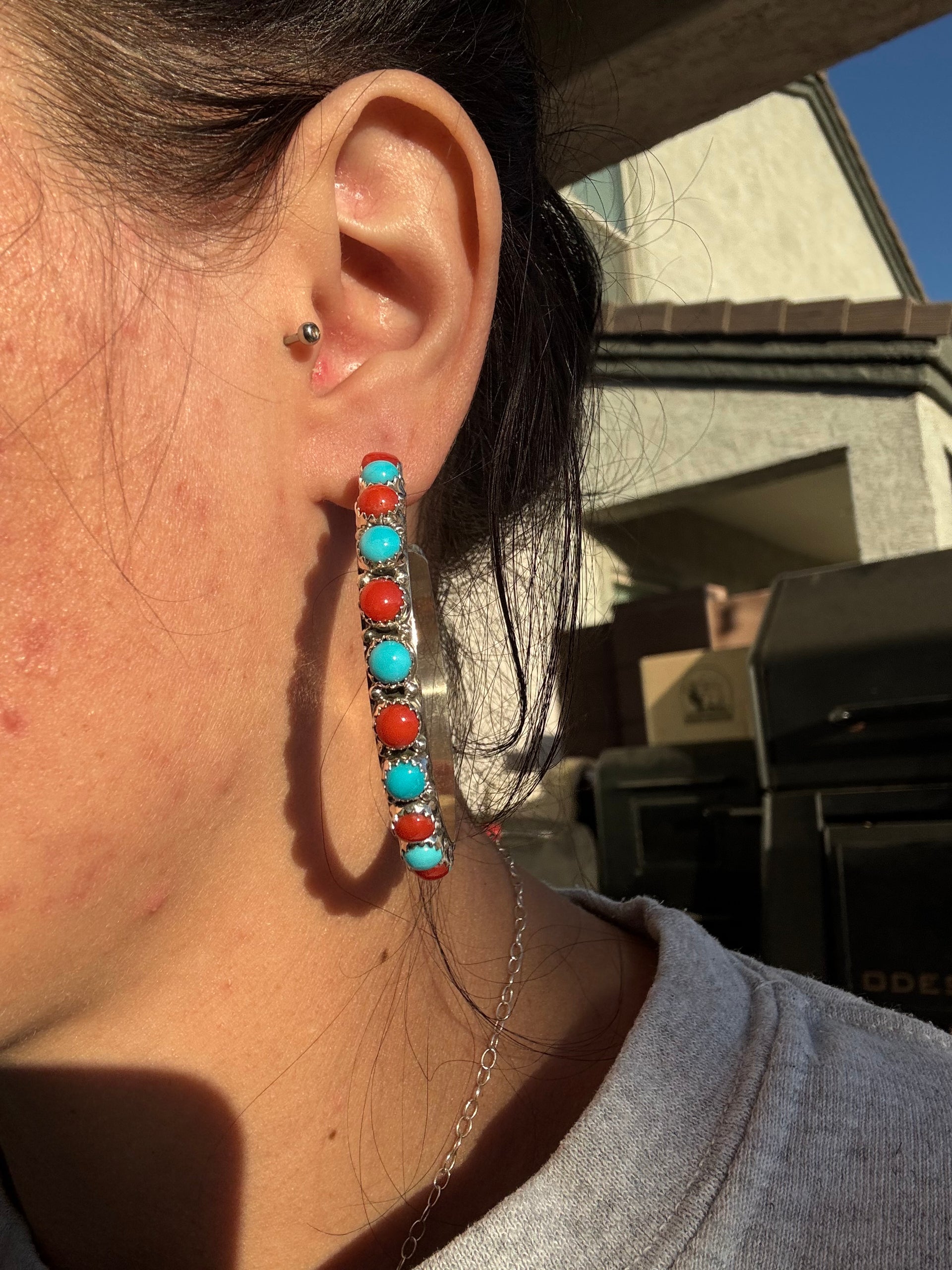 Navajo Made Multi Stone & Sterling Silver Hoop Earrings