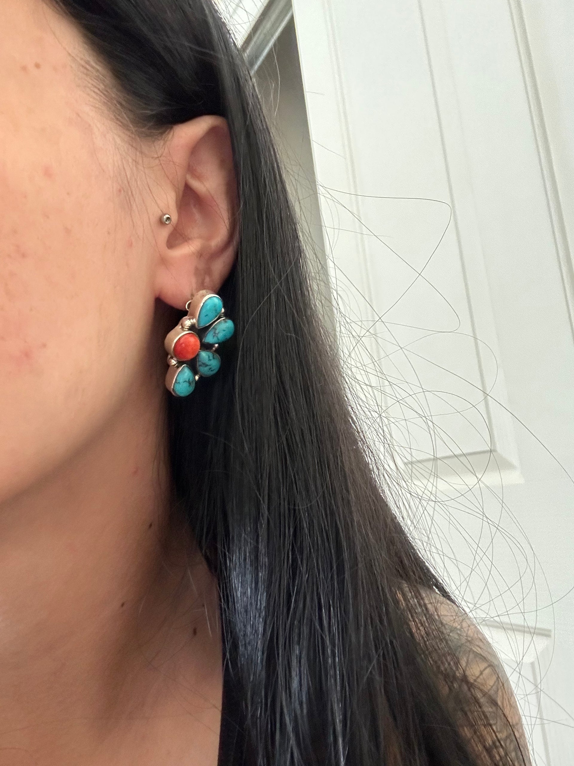 Navajo Made Multi Stone & Sterling Silver Post Dangle Earrings