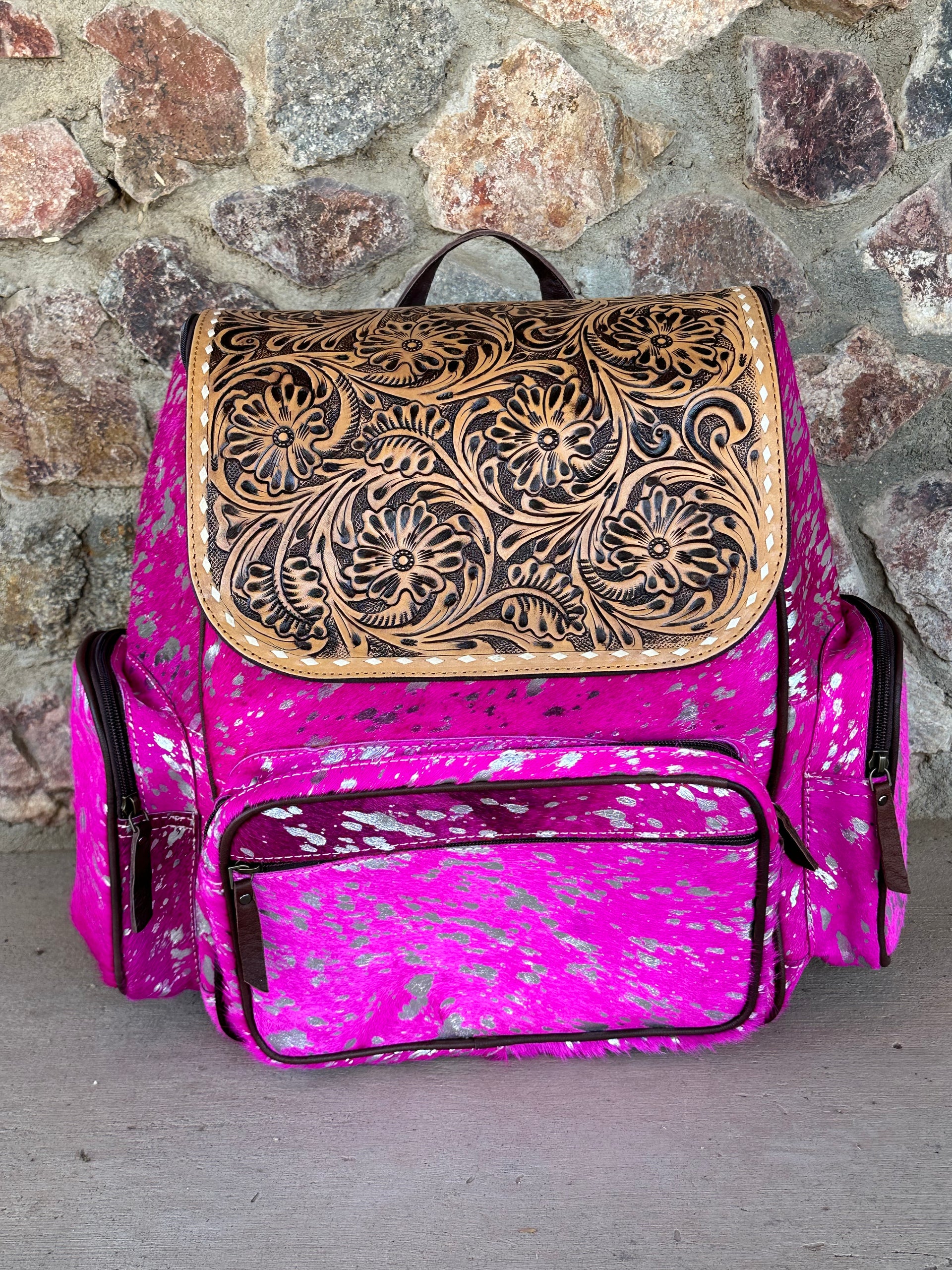 Genuine Tooled Leather Cowhide Back Pack/Diaper Bag